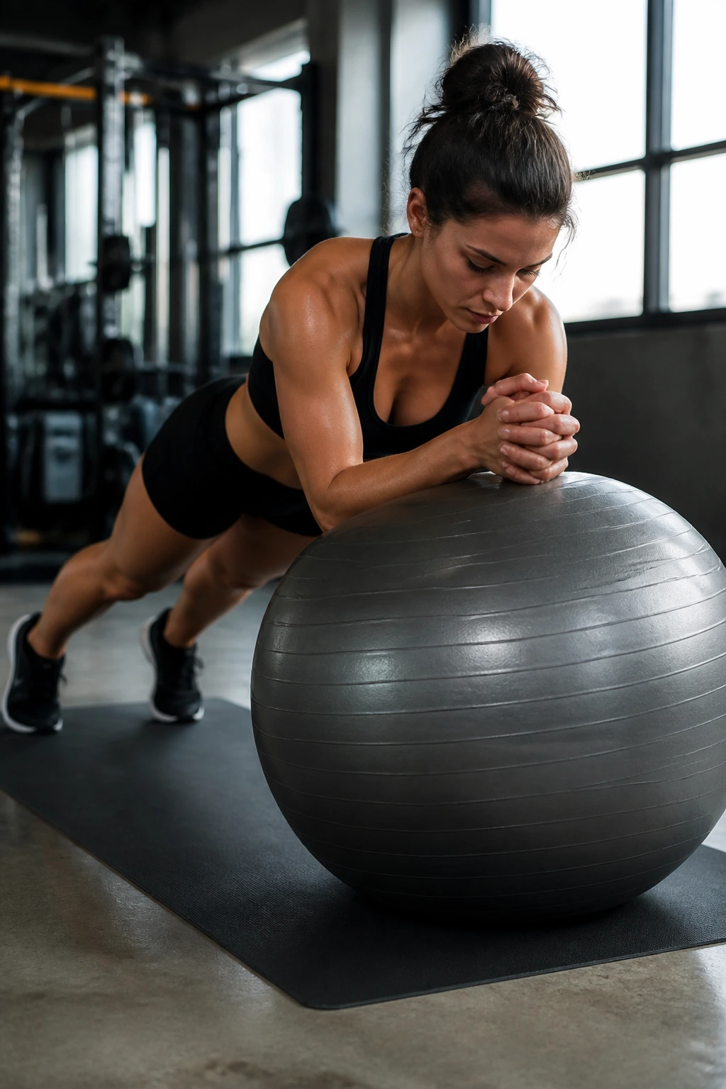 Close-up of a person in forearm plank on a stability ball with core engaged