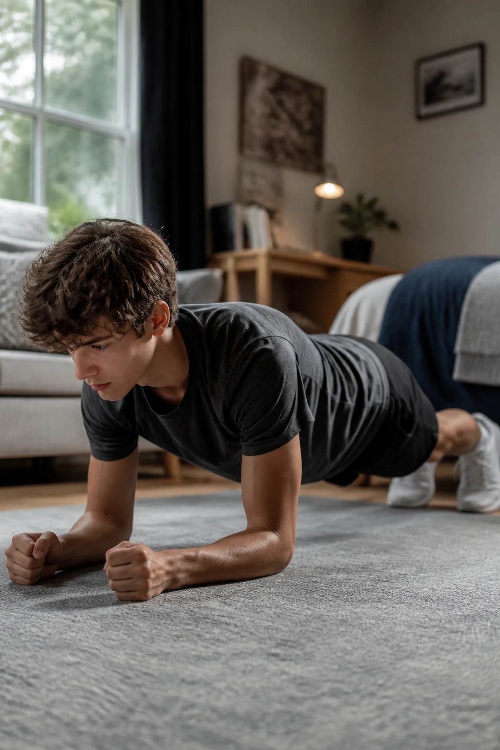 Teen holding forearm plank with straight body