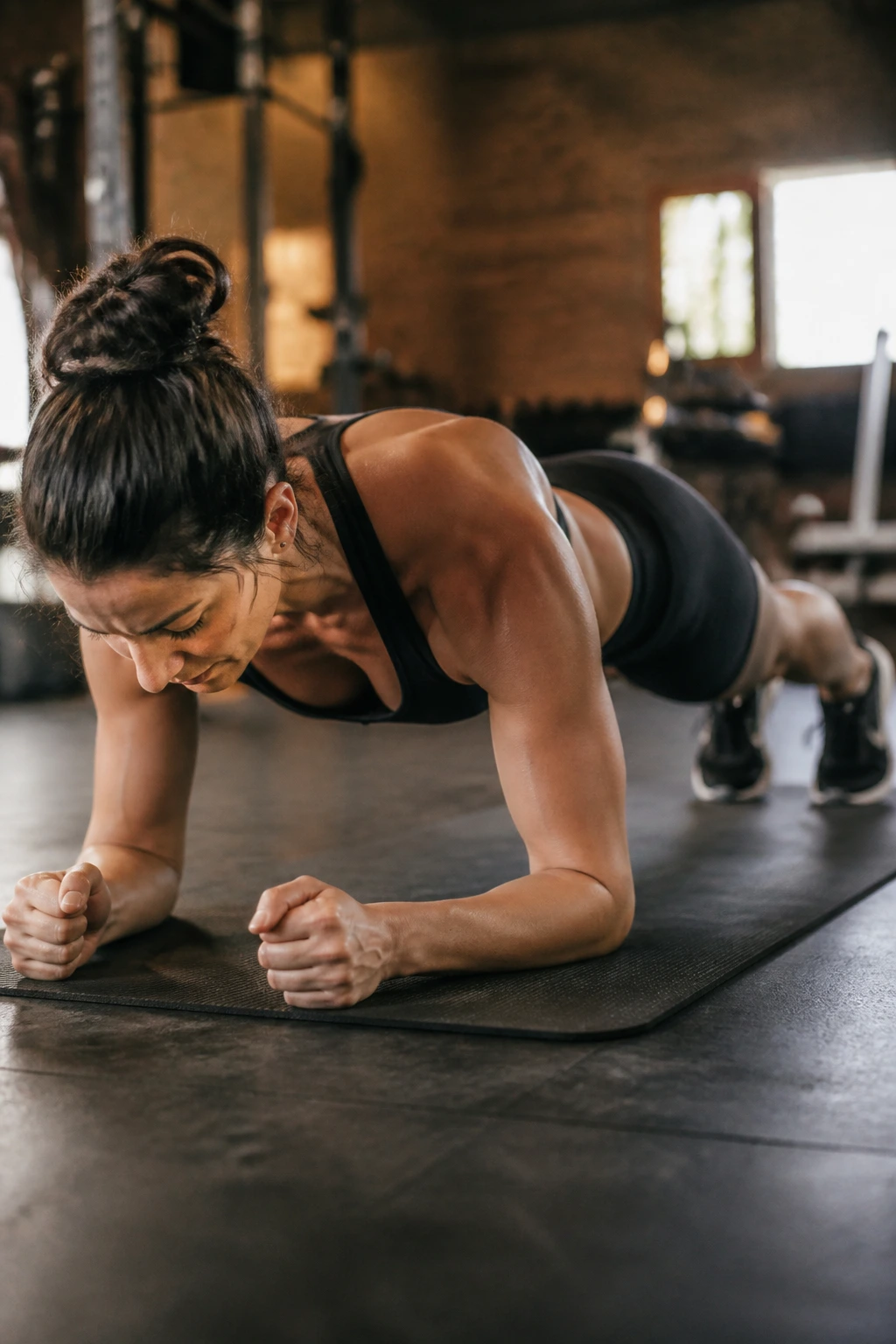 Person in forearm plank showing braced core and straight body line