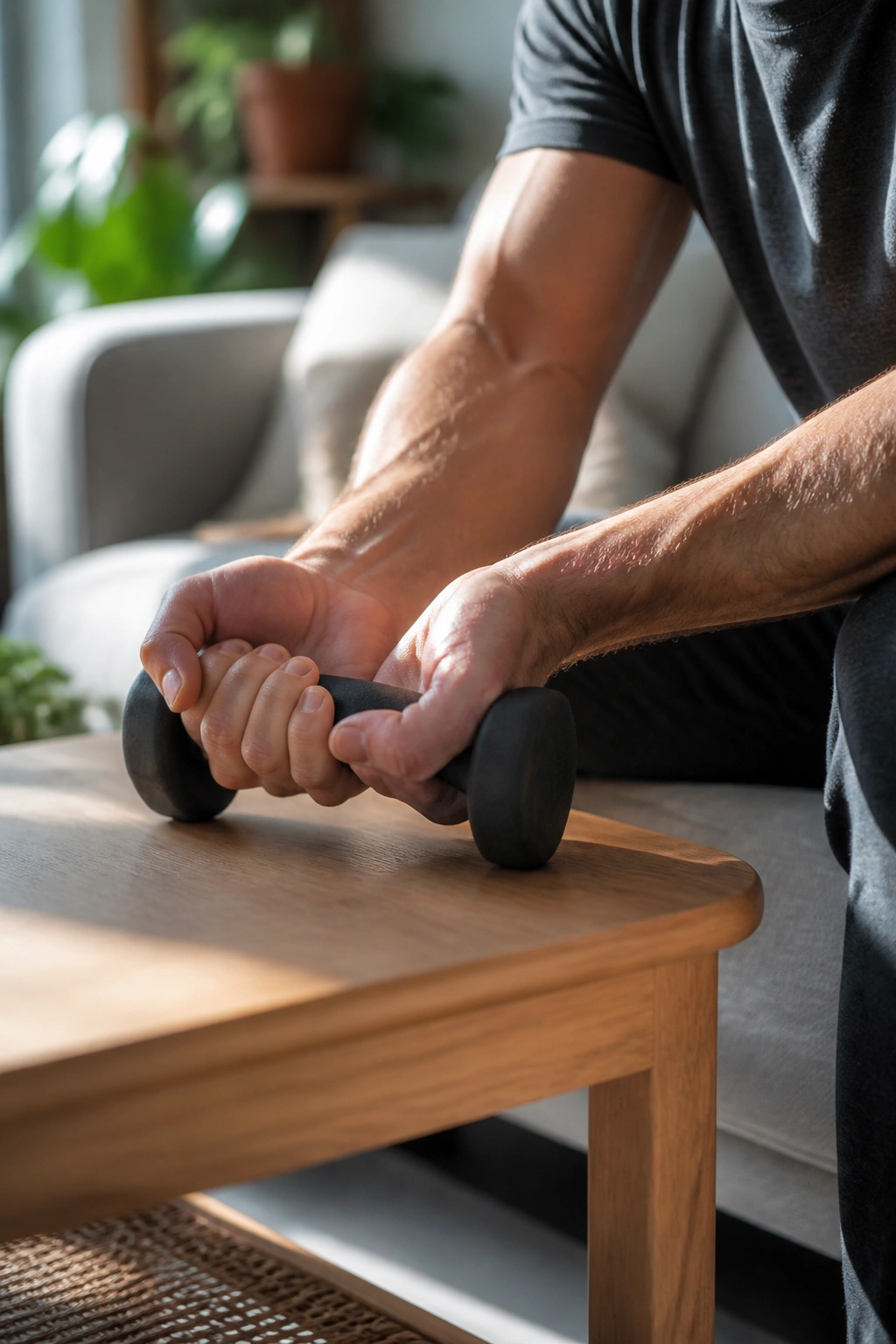 Close-up of forearms and hands performing wrist curls with a light dumbbell at a living room coffee table.