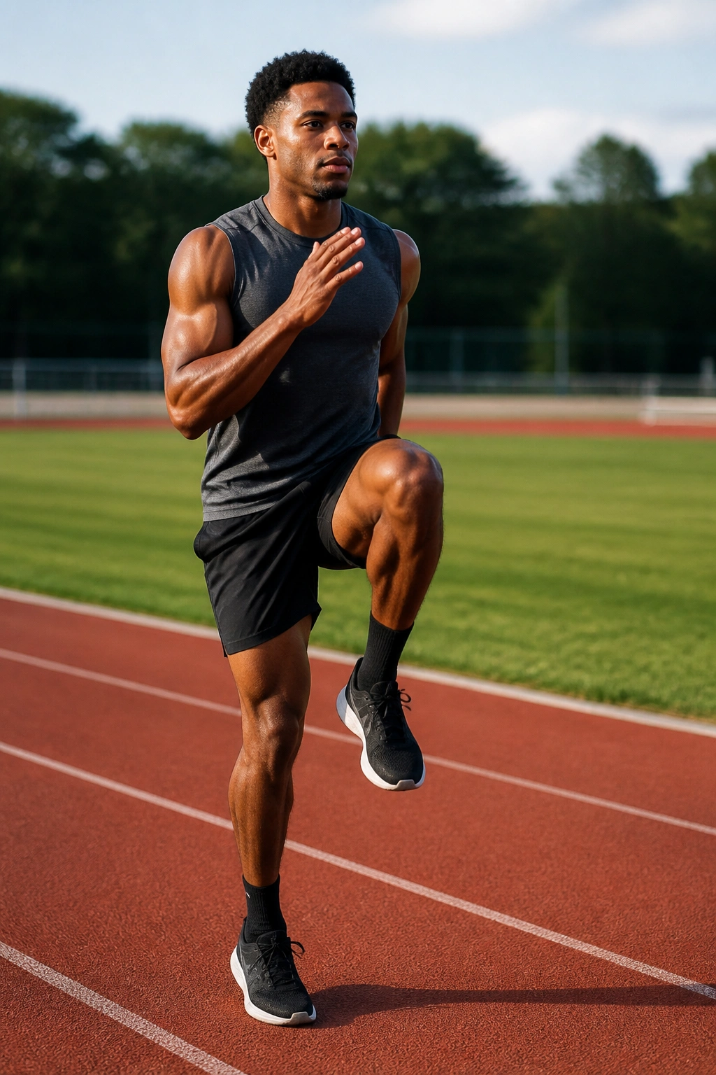 Athlete performing running form drills on track during warm-up