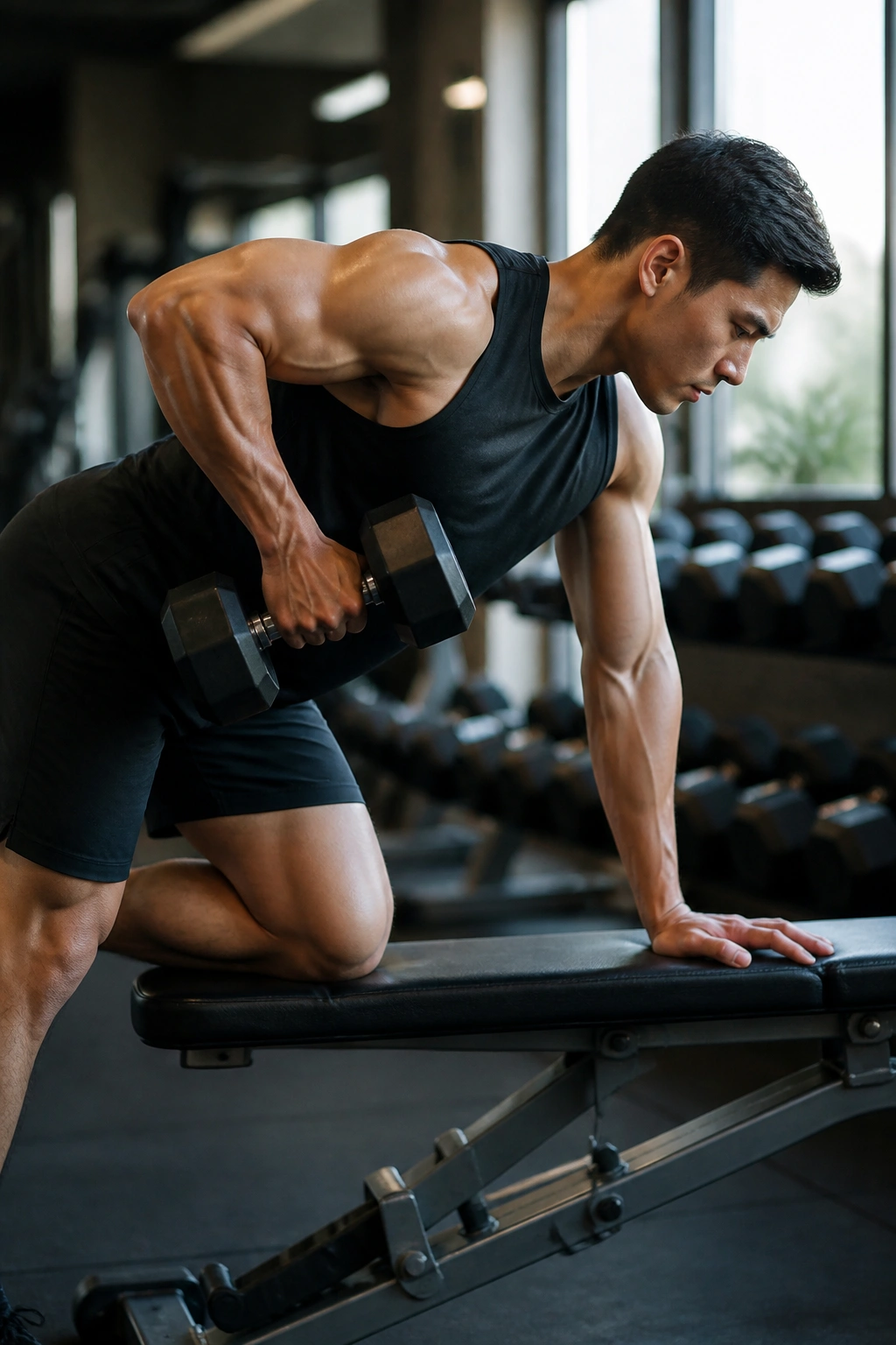 Close-up of proper form during a dumbbell row in a gym