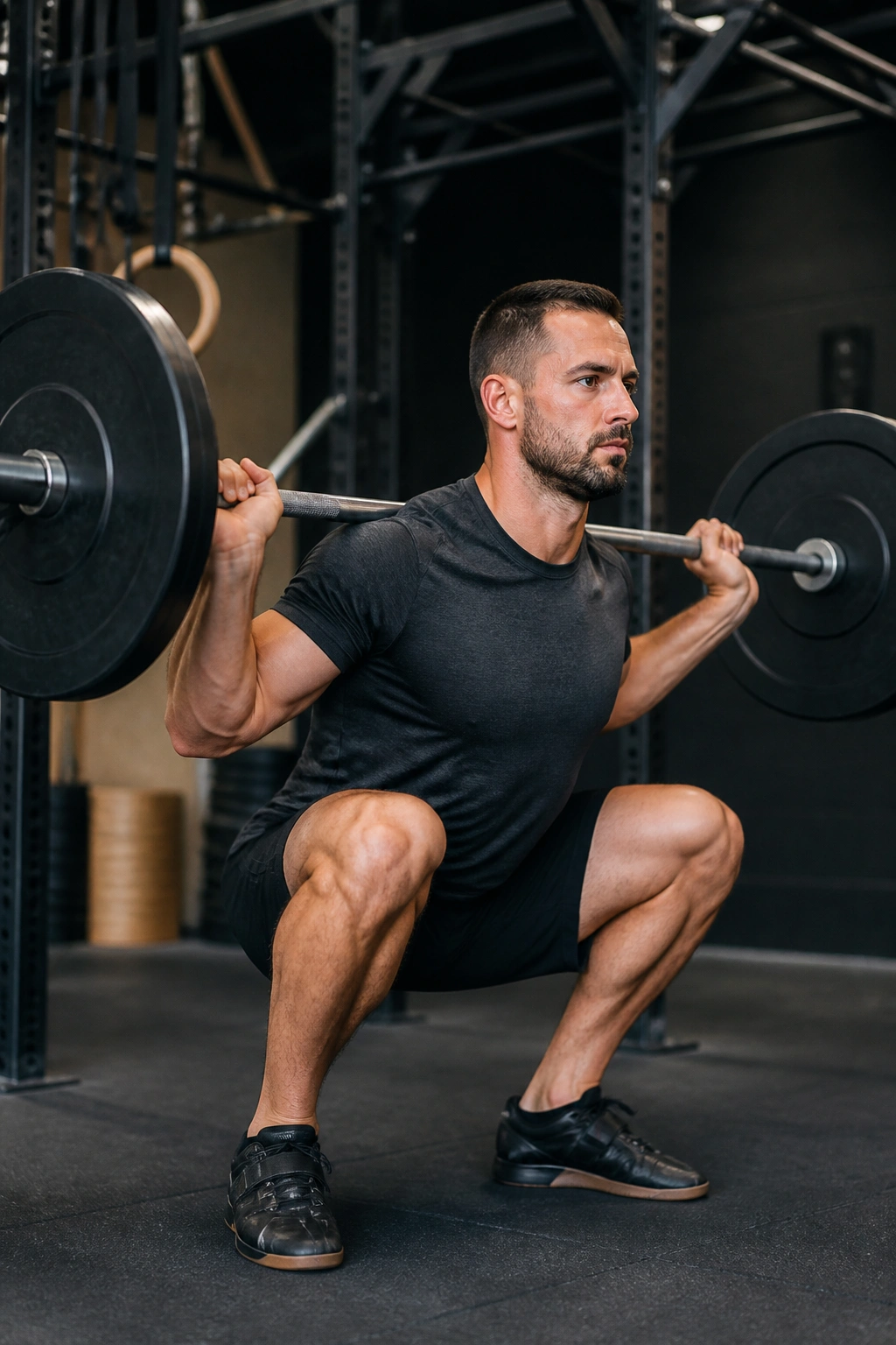 Real lifter demonstrates proper squat form, ready to lift heavier.