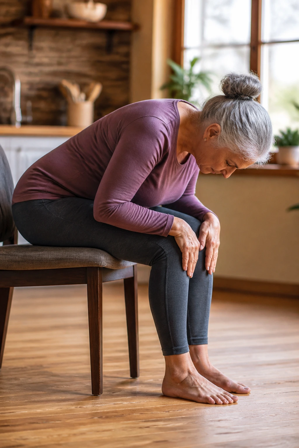 Senior person performing forward fold with hip hinge while seated