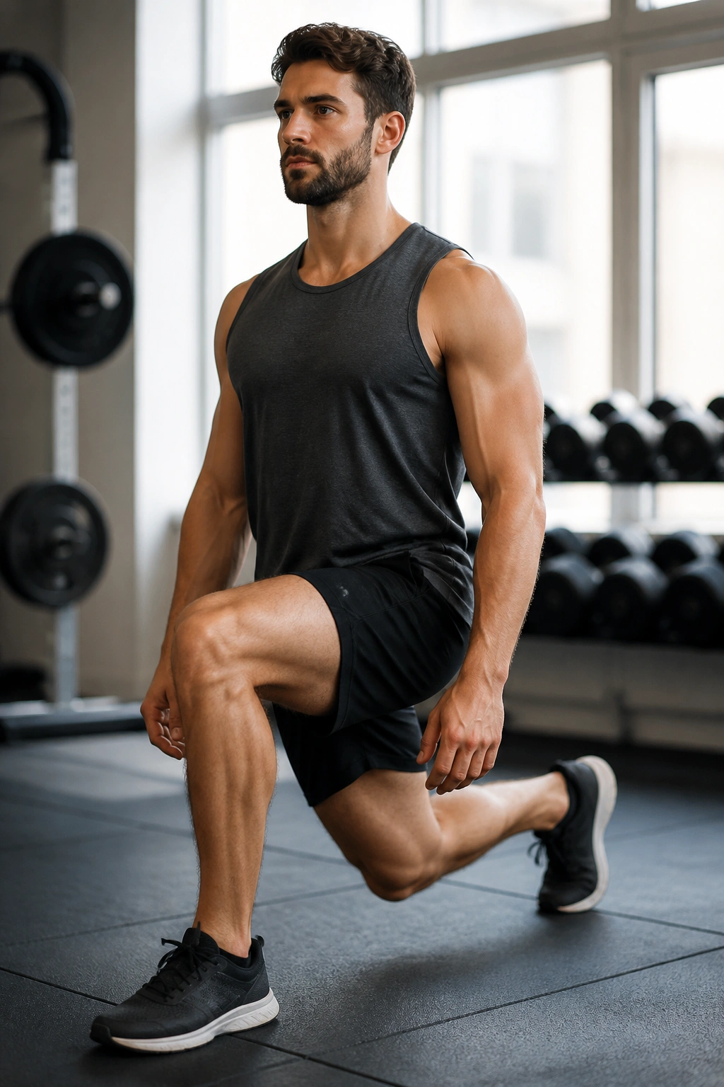 Medium close-up of a person performing a standard forward lunge in a gym setting.