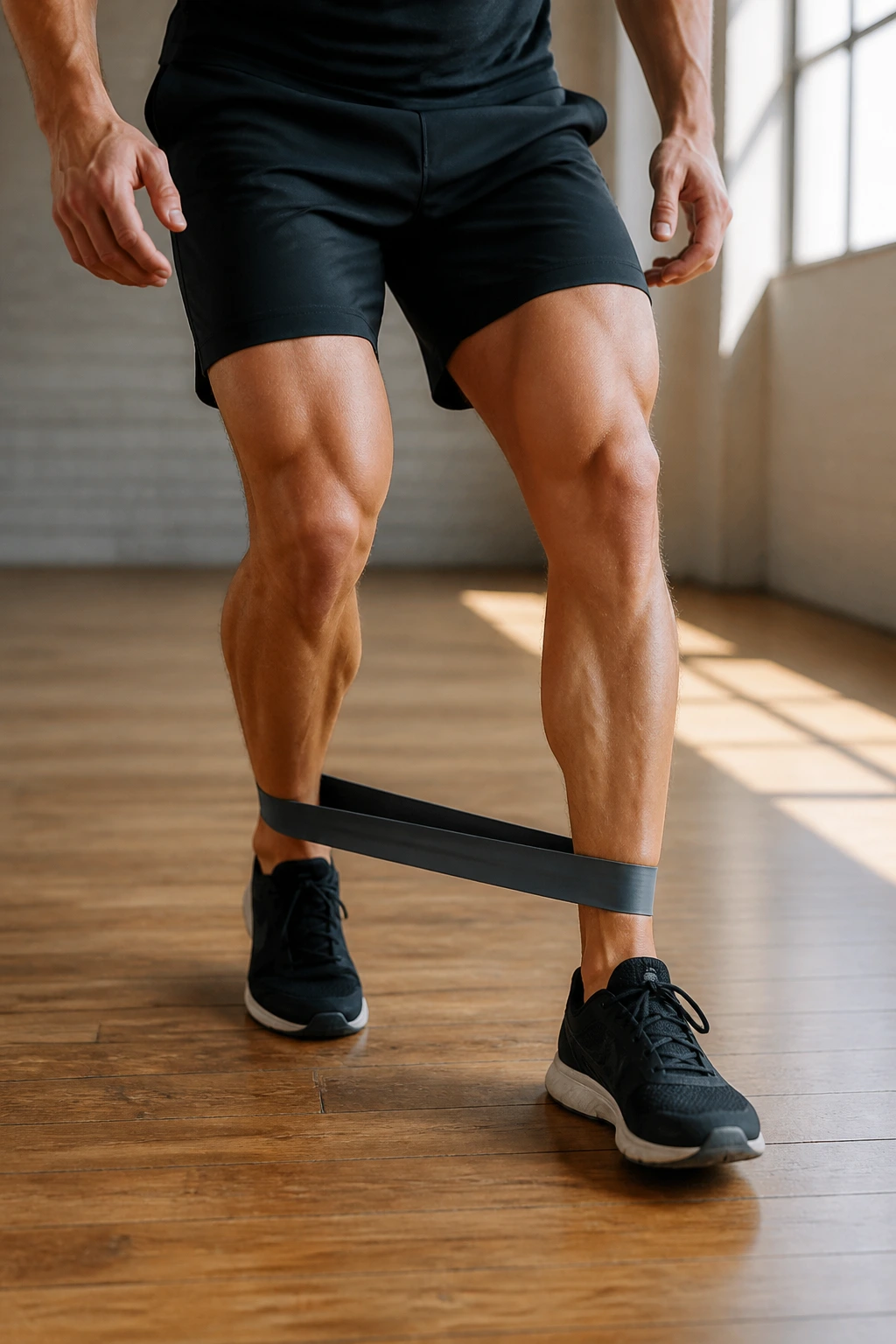 Close-up of a person performing a forward walk with a resistance band around the ankles in a gym