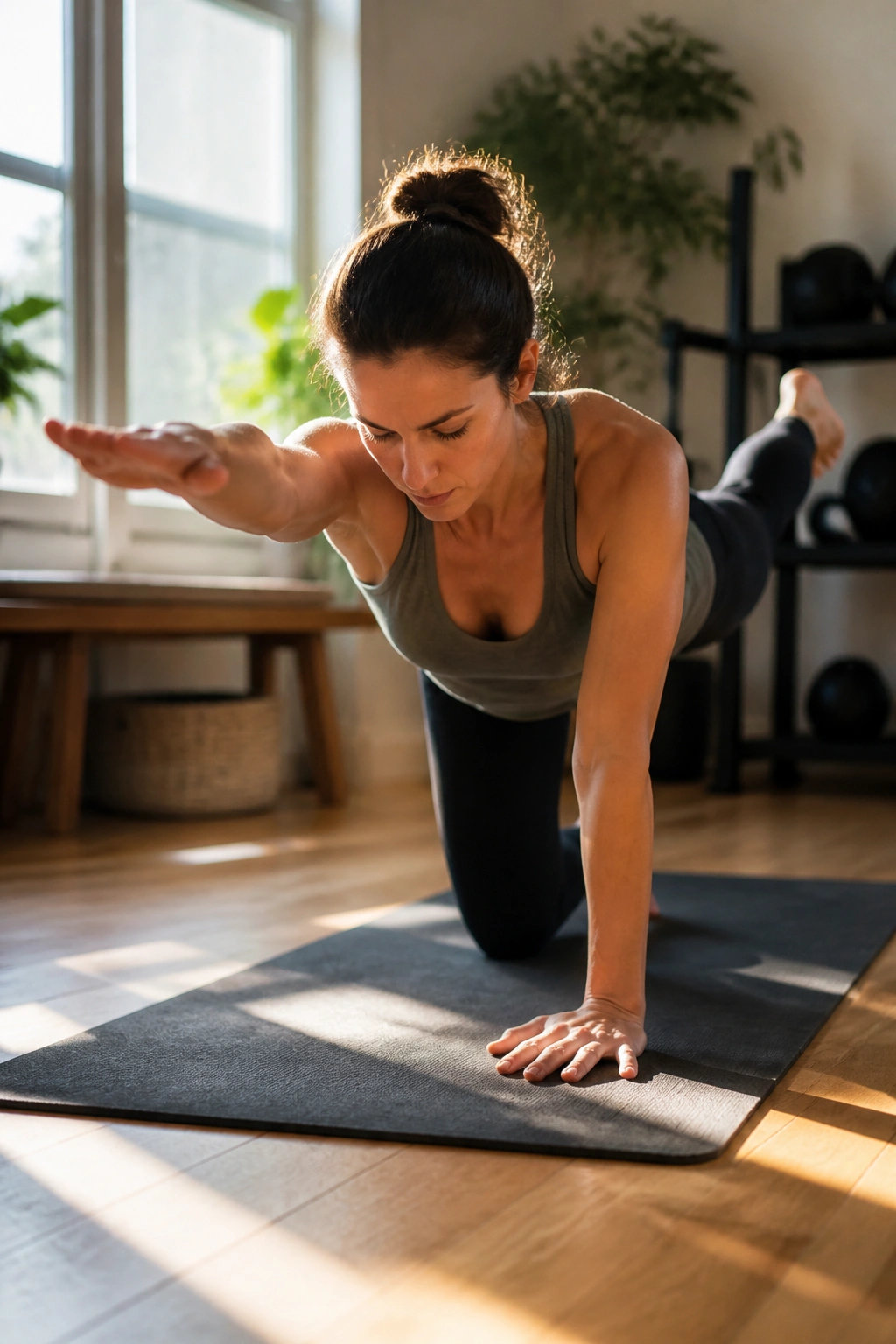 Close-up of person performing Bird-Dog on yoga mat in sunlit home gym