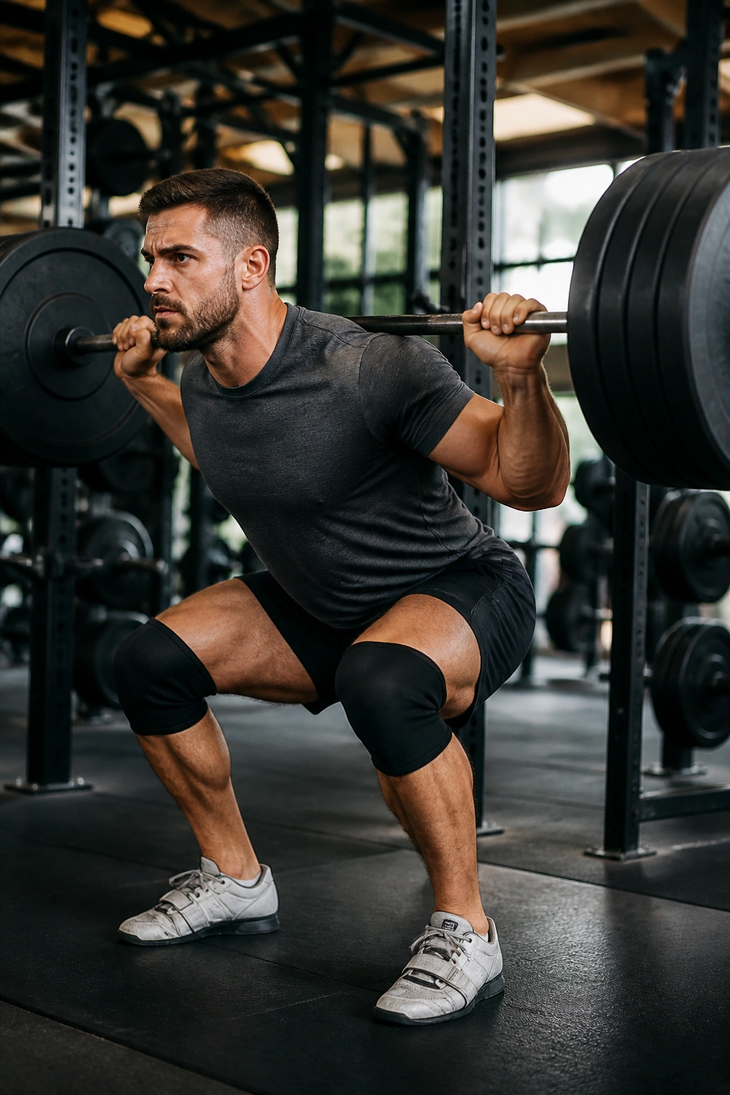 Mid-shot lifter performing a heavy back squat in a gym for The Foundation Strength Challenge