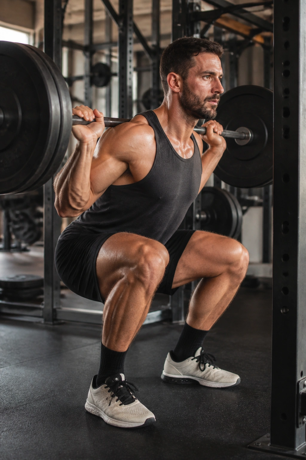 Medium shot of a lifter performing a squat with barbell core engaged