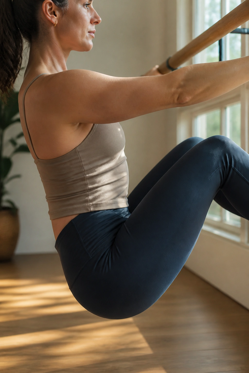 Close-up of a woman performing a foundation tuck with neutral spine in a sunlit home barre corner