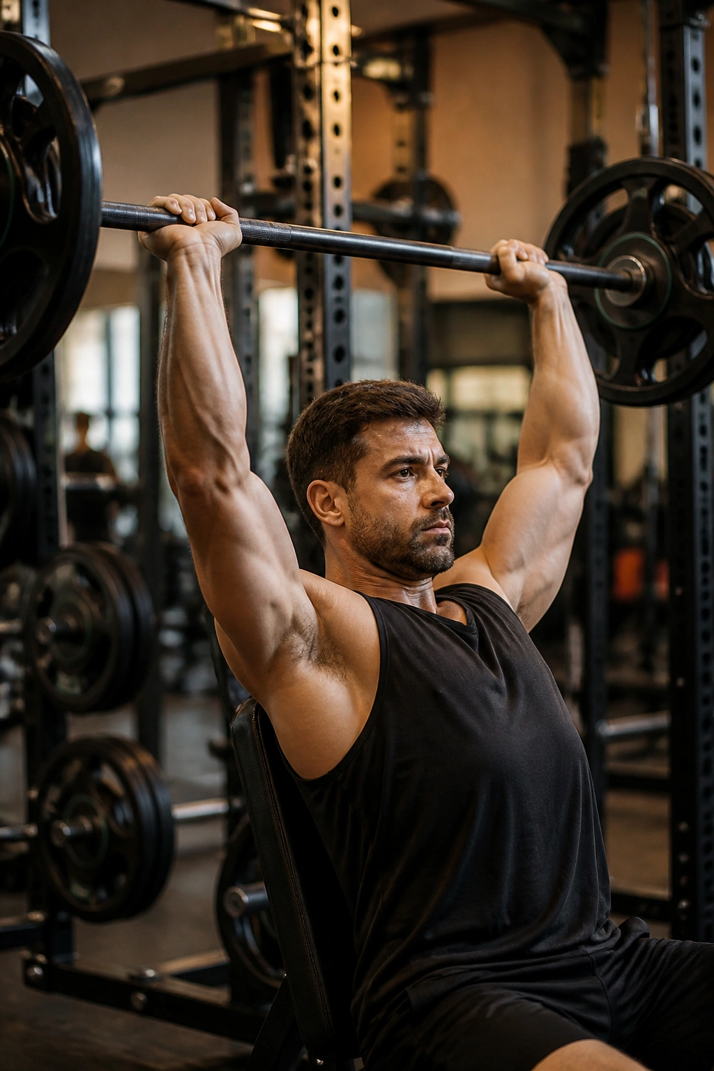 Lifter performing overhead press representing upper day in four-day split