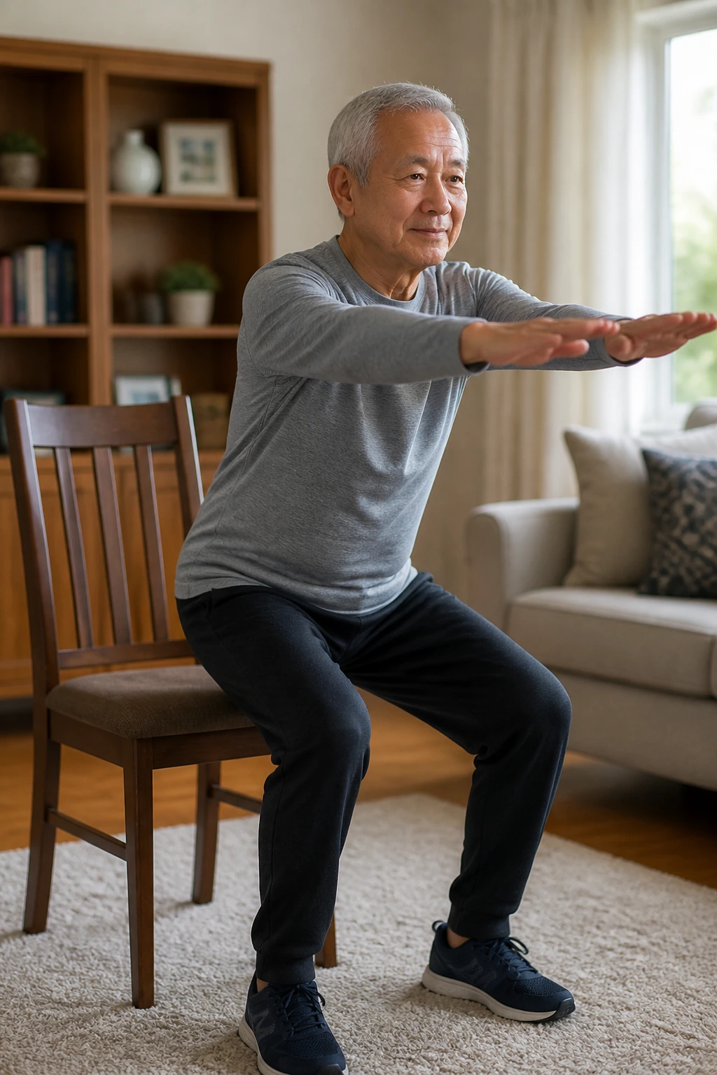 Close-up of a senior adult performing chair squat to stand in a living room