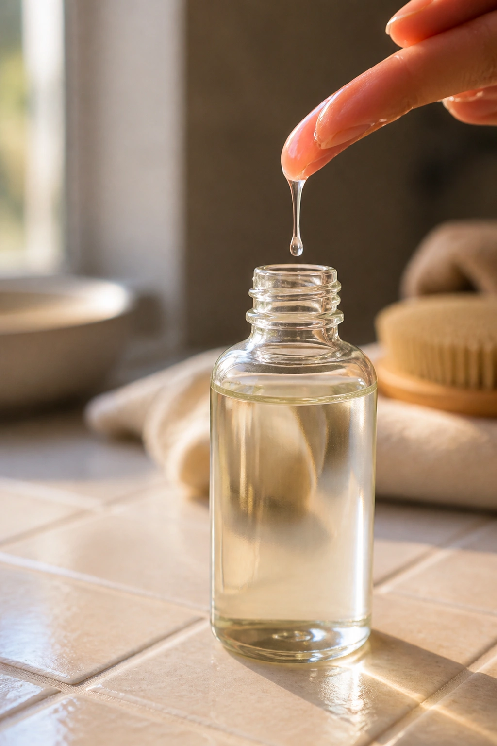 Close-up of fractionated coconut oil on a fingertip in a warm bathroom