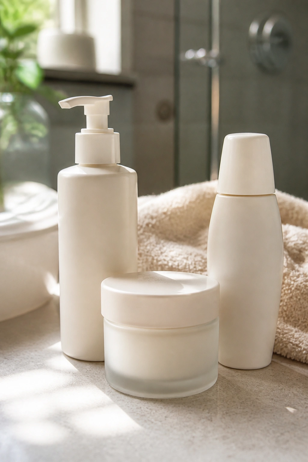 Close-up of unlabeled skincare containers on a bathroom counter representing fragrance-free baseline routine