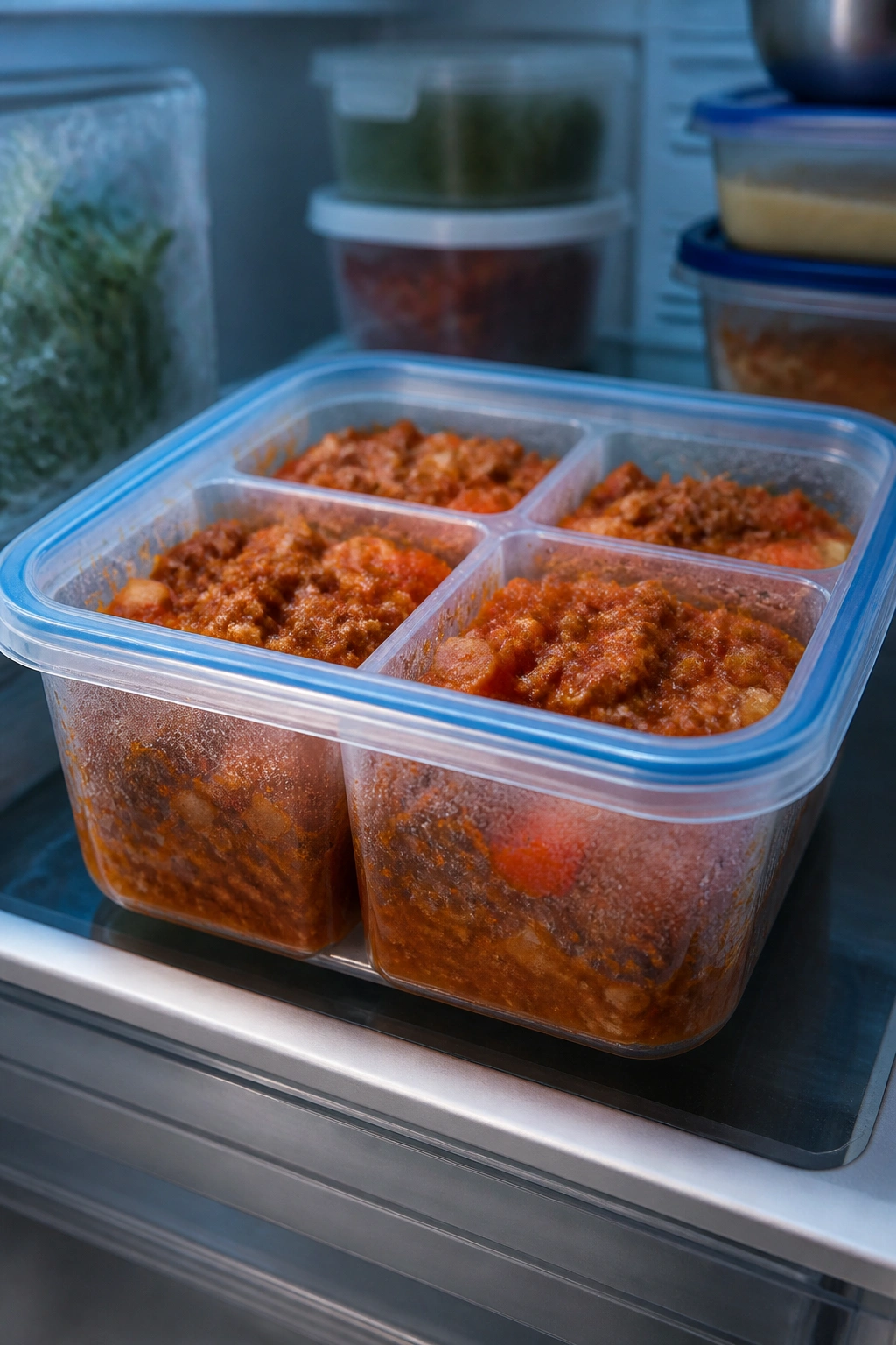 Freezer-ready meal portions in a clear container