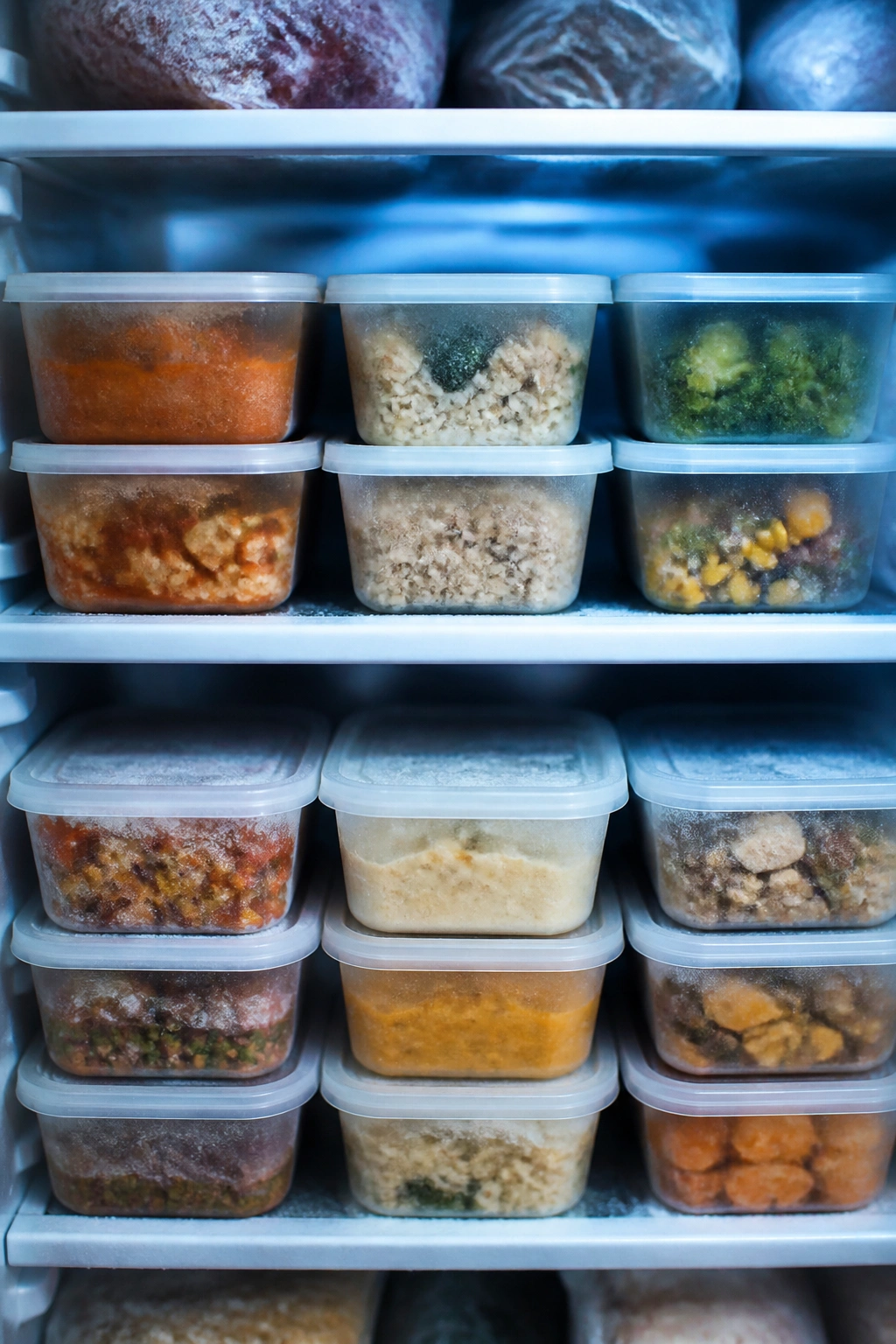 Row of single-serving freezer portions in unlabeled containers