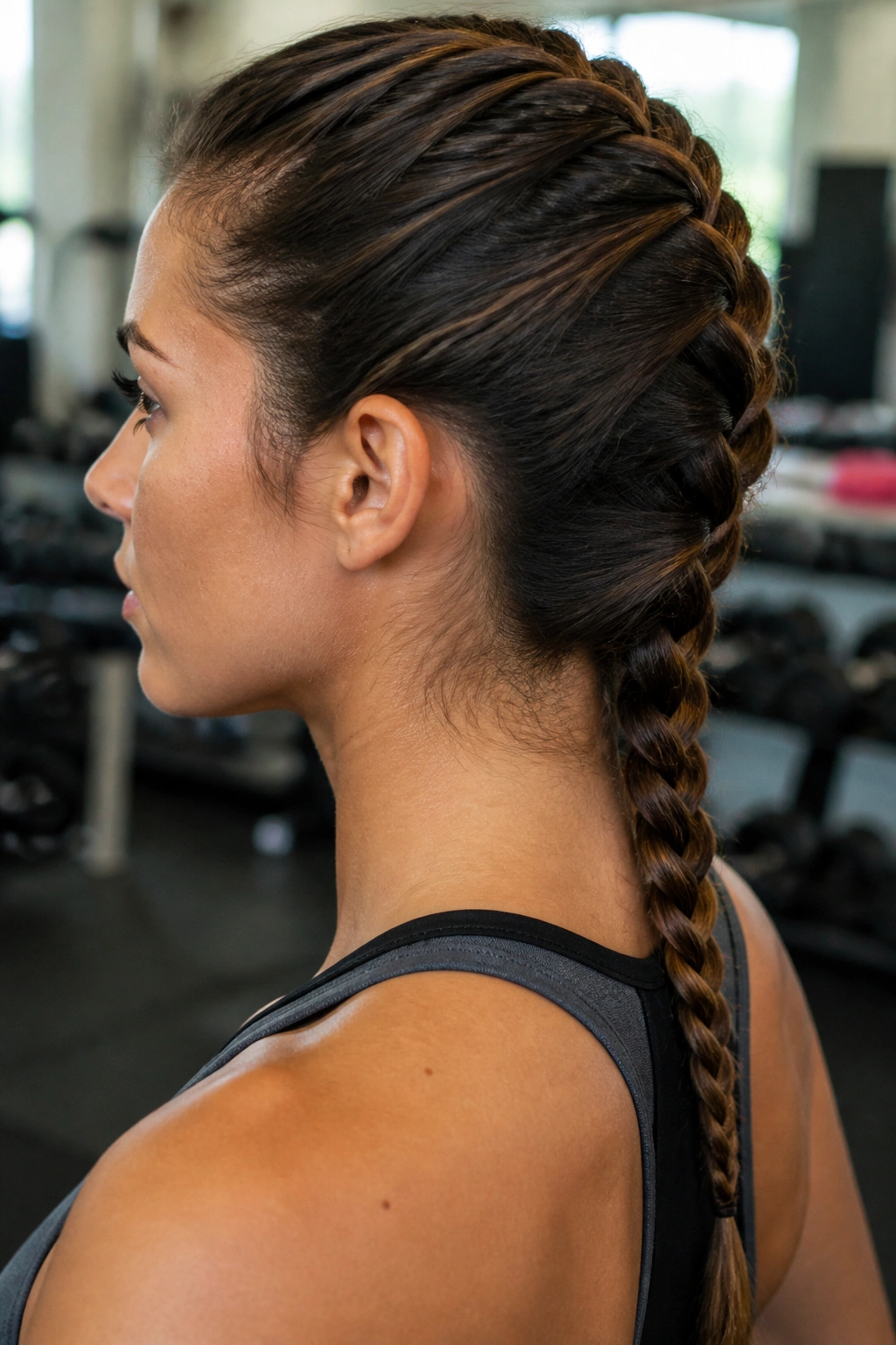 Close-up of a real person wearing a French braid during a workout