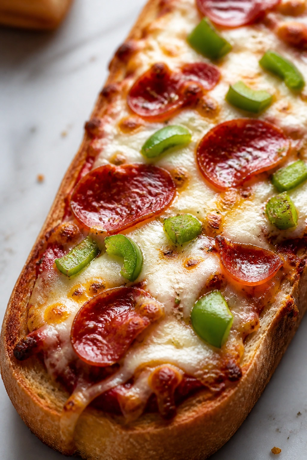 Open-faced French bread pizza with melted cheese on a crisp crust
