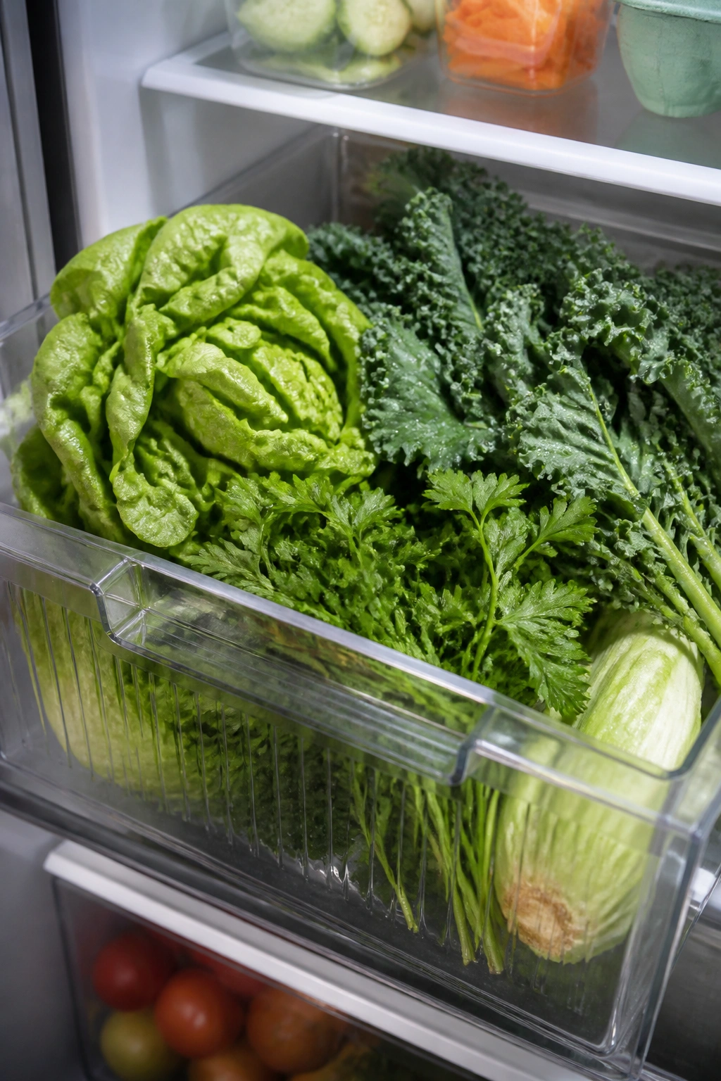 Crisper drawer with fresh greens ready for a quick fridge audit