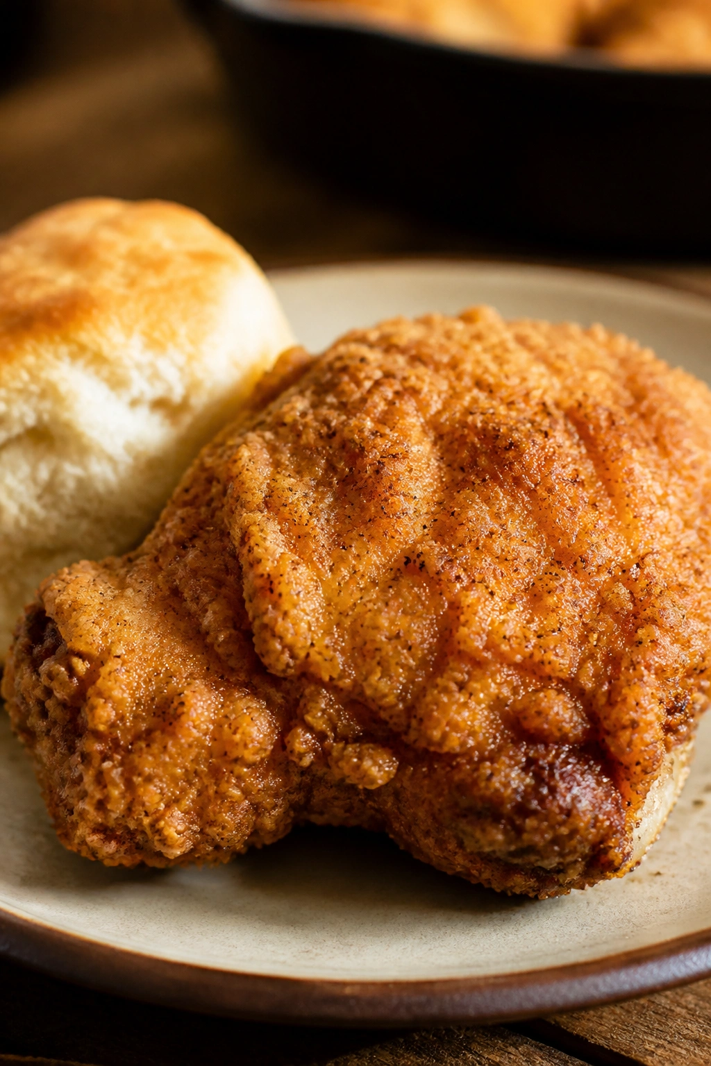 Crispy fried chicken with biscuit on plate