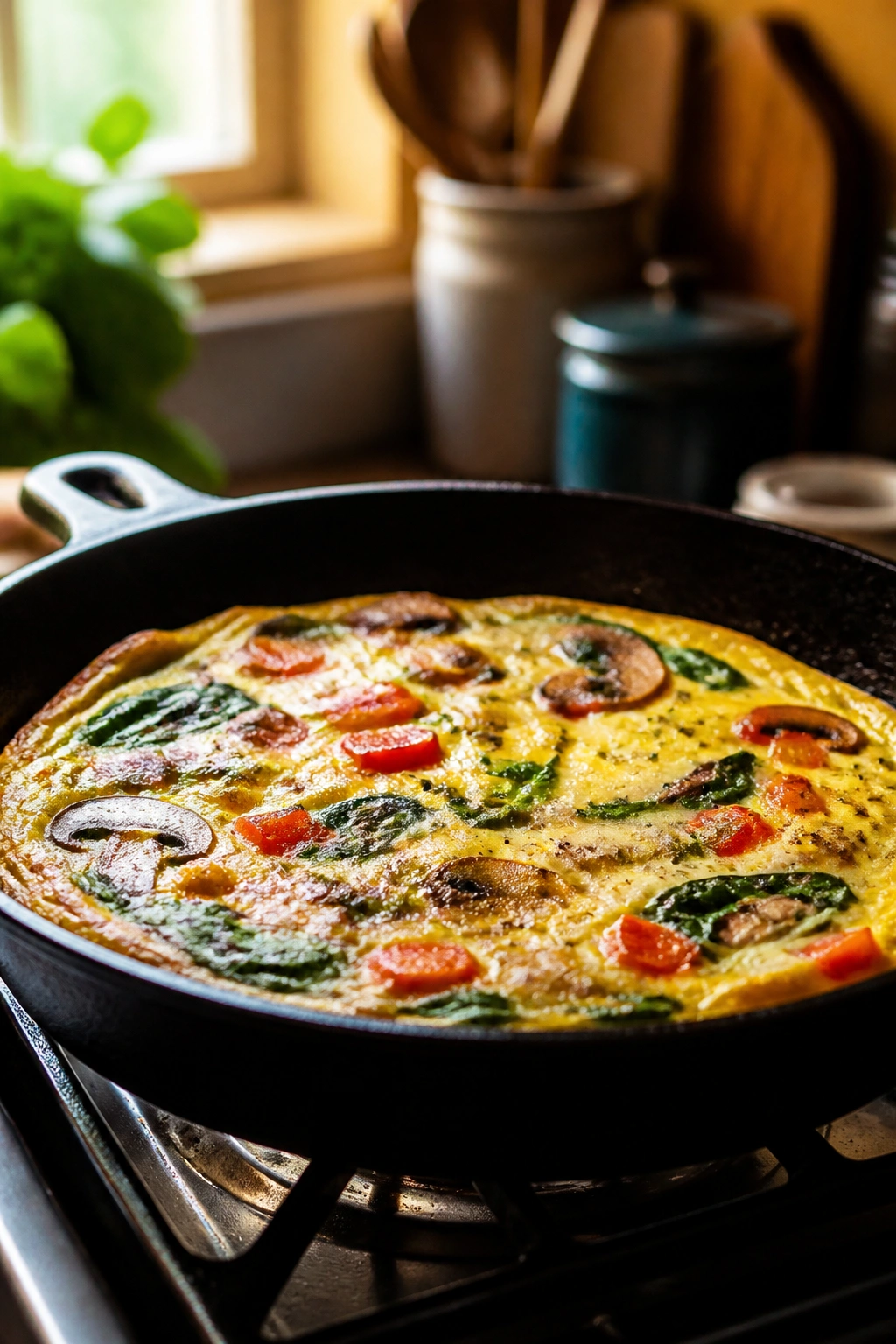 Cast-iron skillet with egg frittata on a kitchen stove