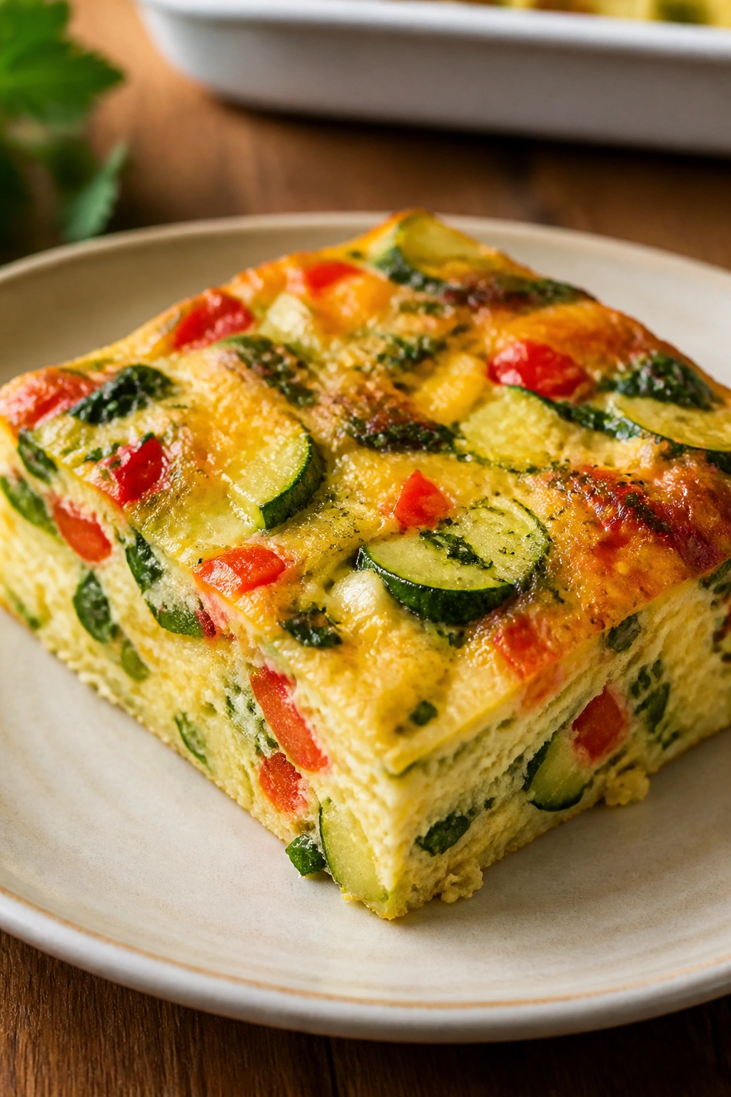 Close-up of a veggie-filled frittata square on a plate in a kitchen.