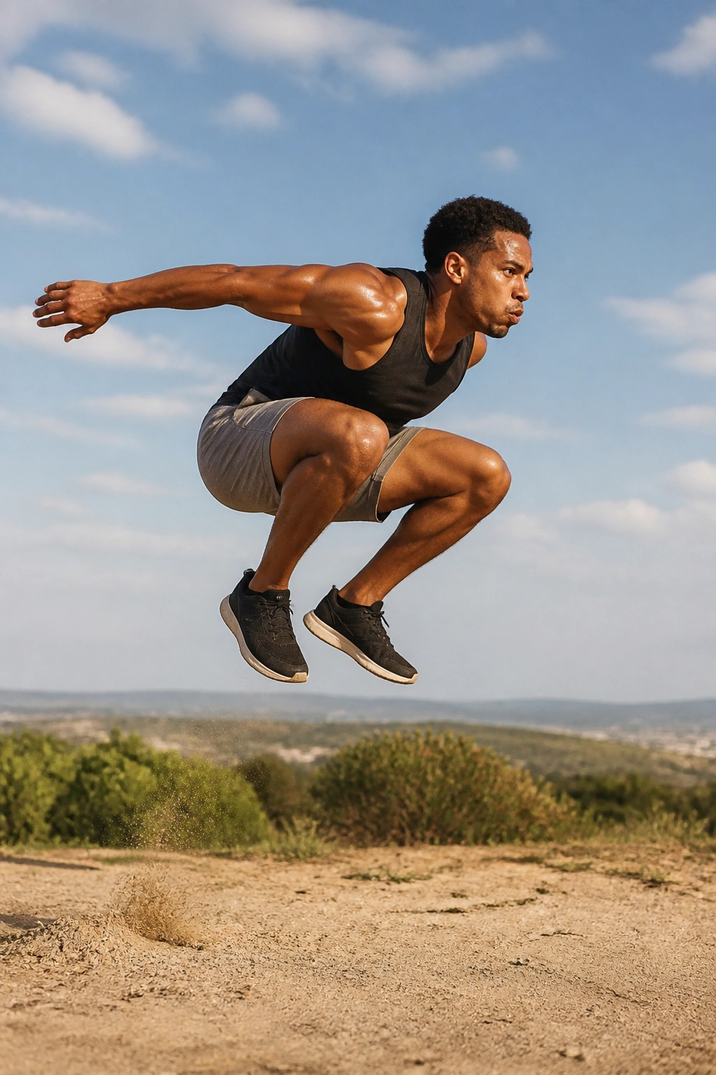 Athlete performing frog jump in outdoor space