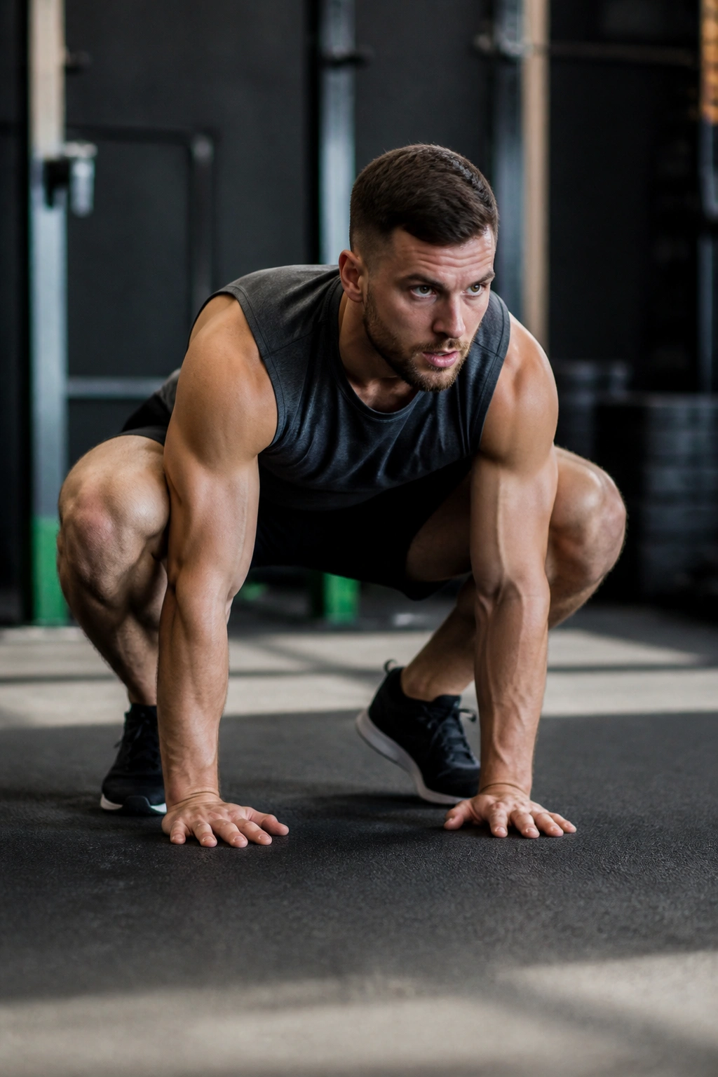 Deep squat frog jump position about to spring in a gym