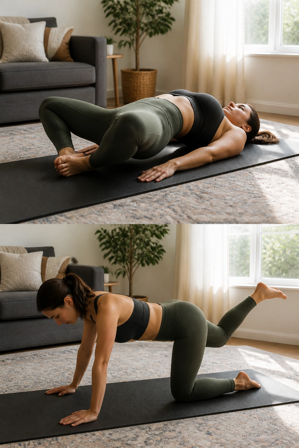 Real person performing frog pump glute engagement exercise at home
