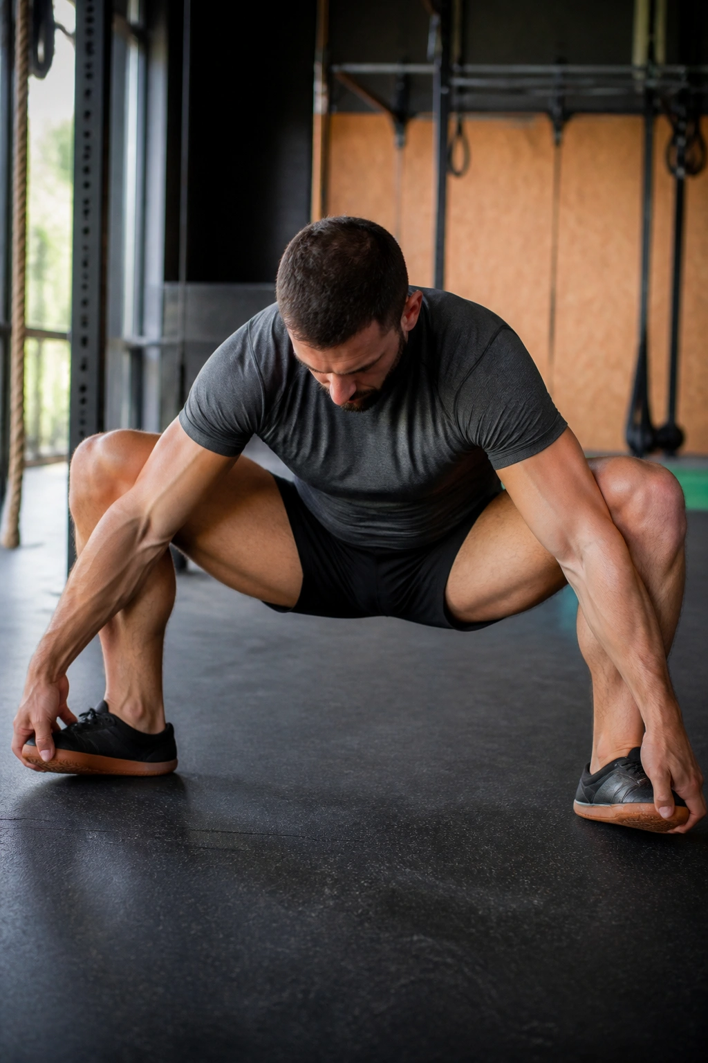 Real person performing frog squat with toes held and hips elevated in a gym setting.