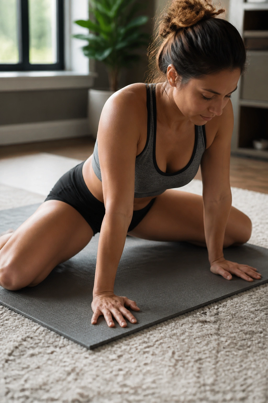 Person in frog stretch on hands and knees with knees wide