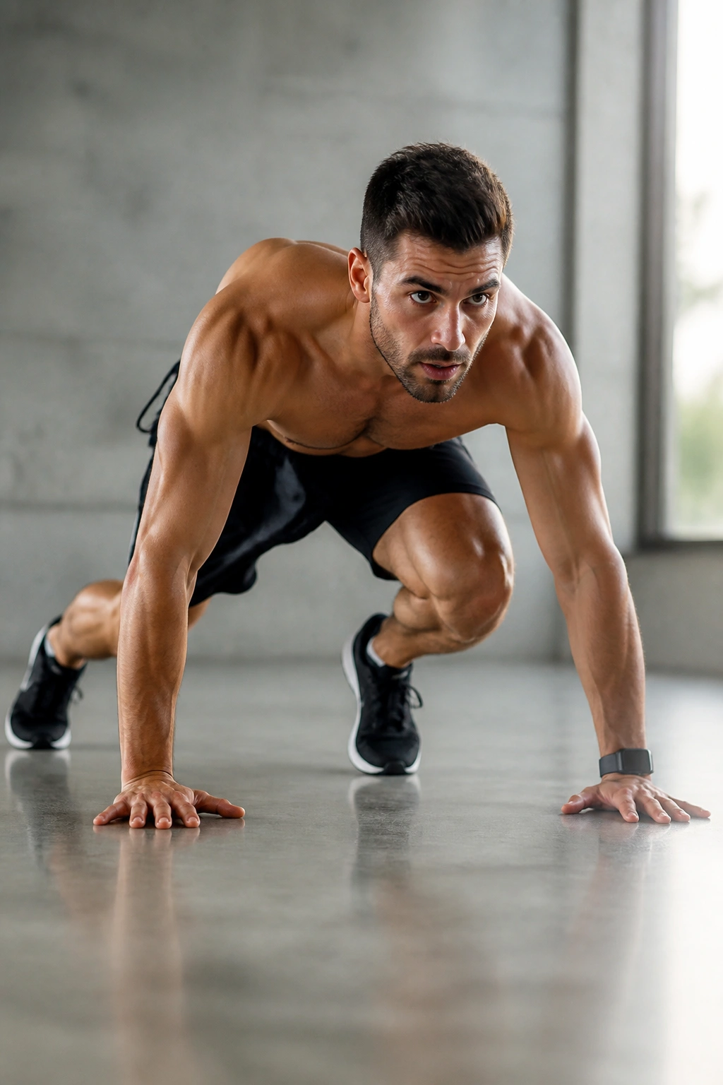 Athlete mid frogger movement on gym floor