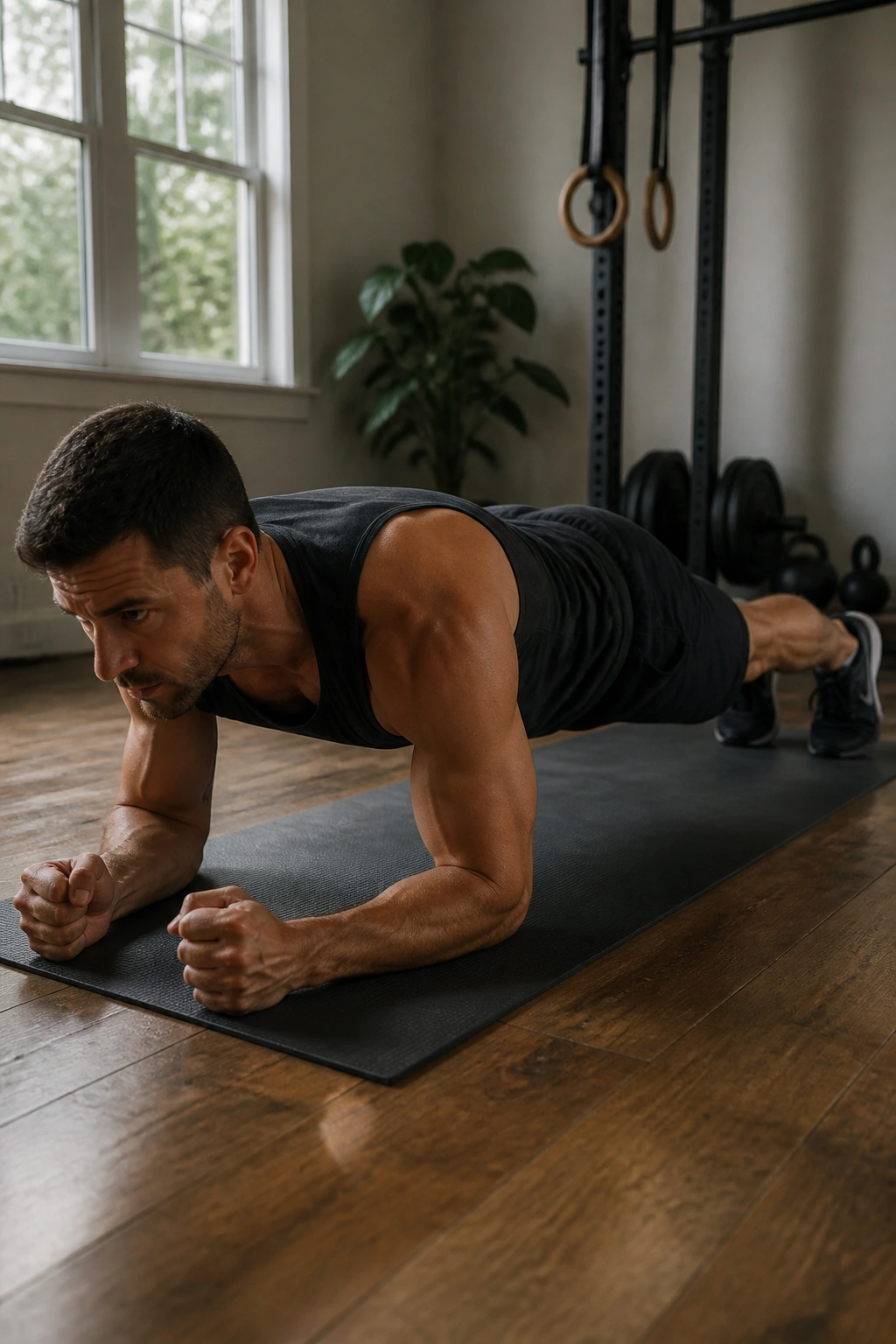 Medium-close image of a person in a front plank with a straight spine and engaged core
