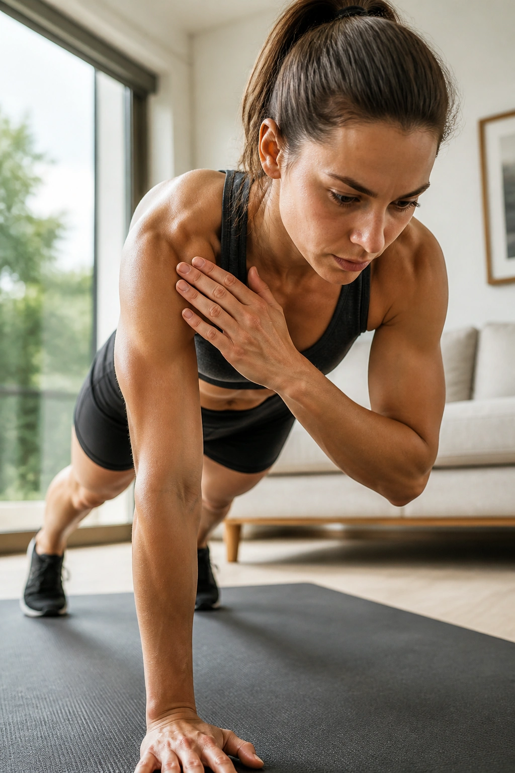 Close-up of a person in front plank performing shoulder taps with hips level