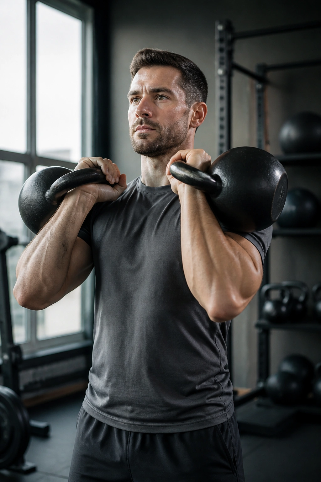 Medium close-up of a real person performing front rack carries with kettlebells