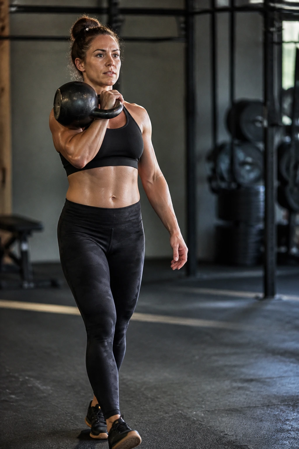 Athlete in front rack carry position with kettlebell on forearm in a gym