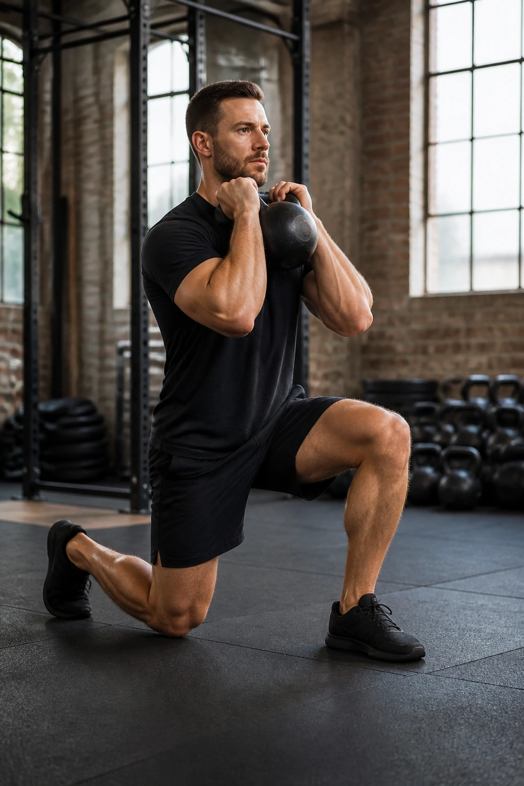 Athlete in front rack kettlebell lunge in gym