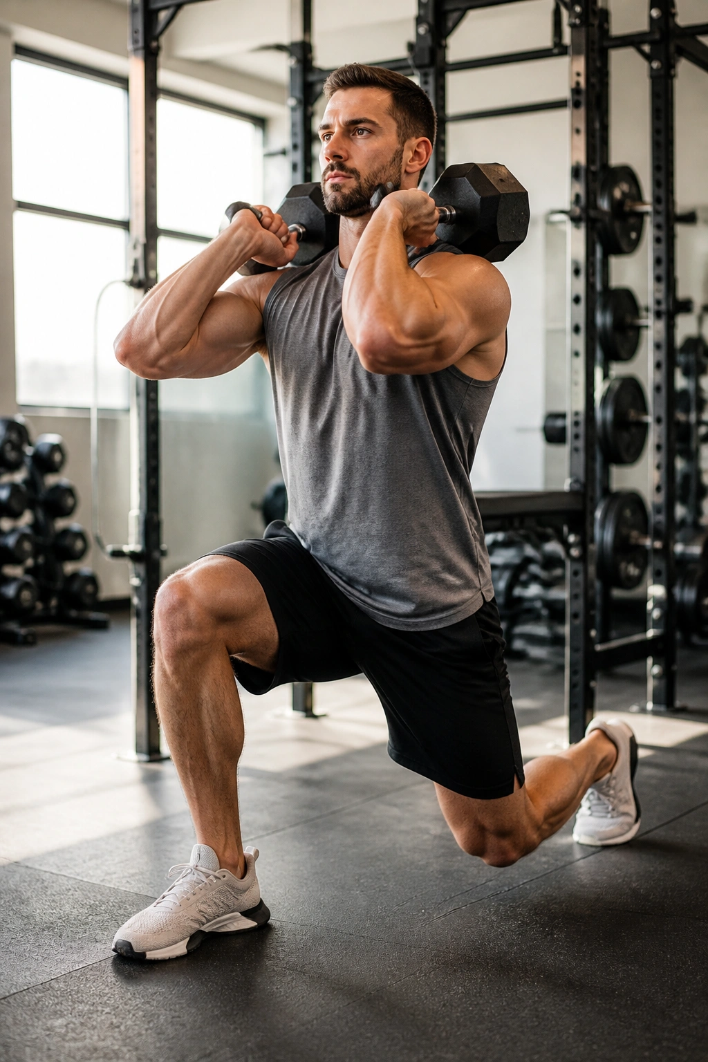 Athlete in front rack lunge position in gym