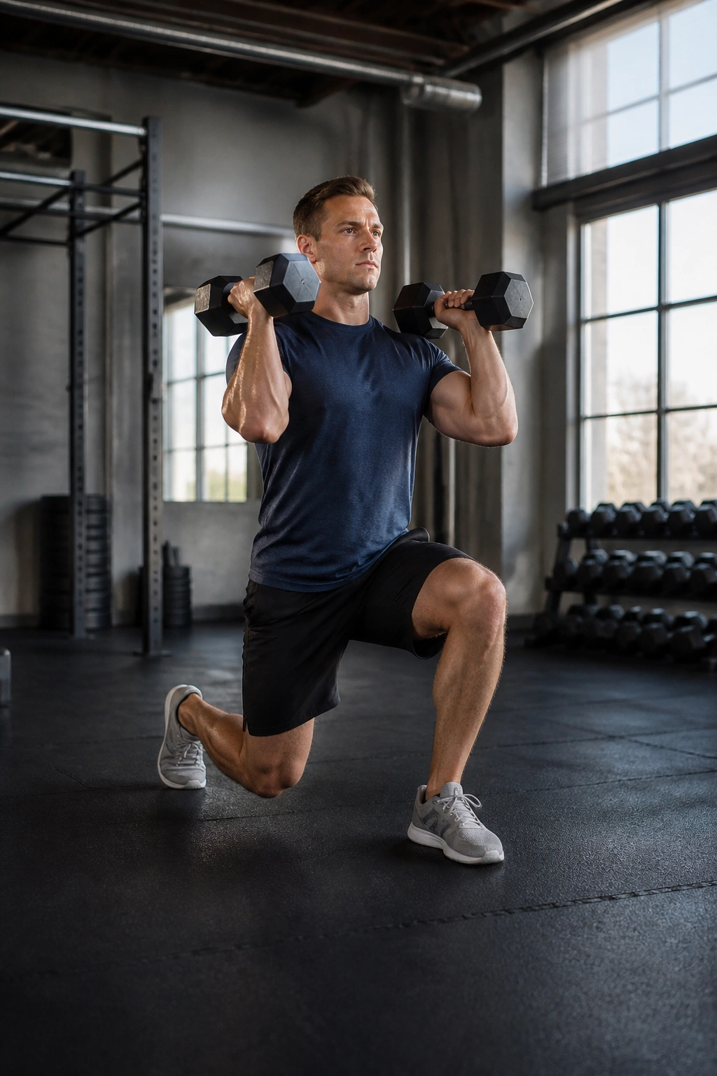 Athlete in front rack position performing lunge and push press