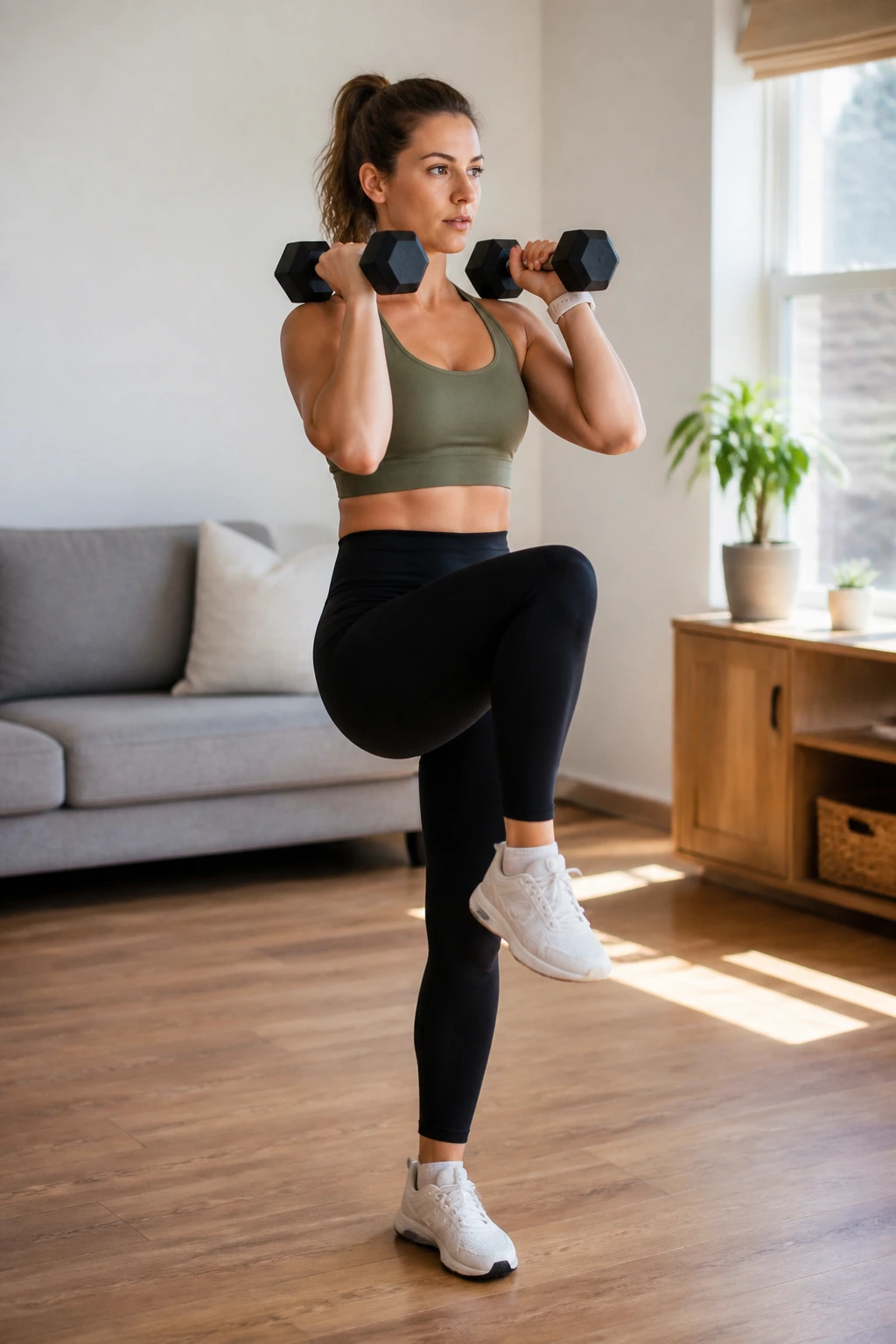 Person in front rack march performing dumbbell exercise
