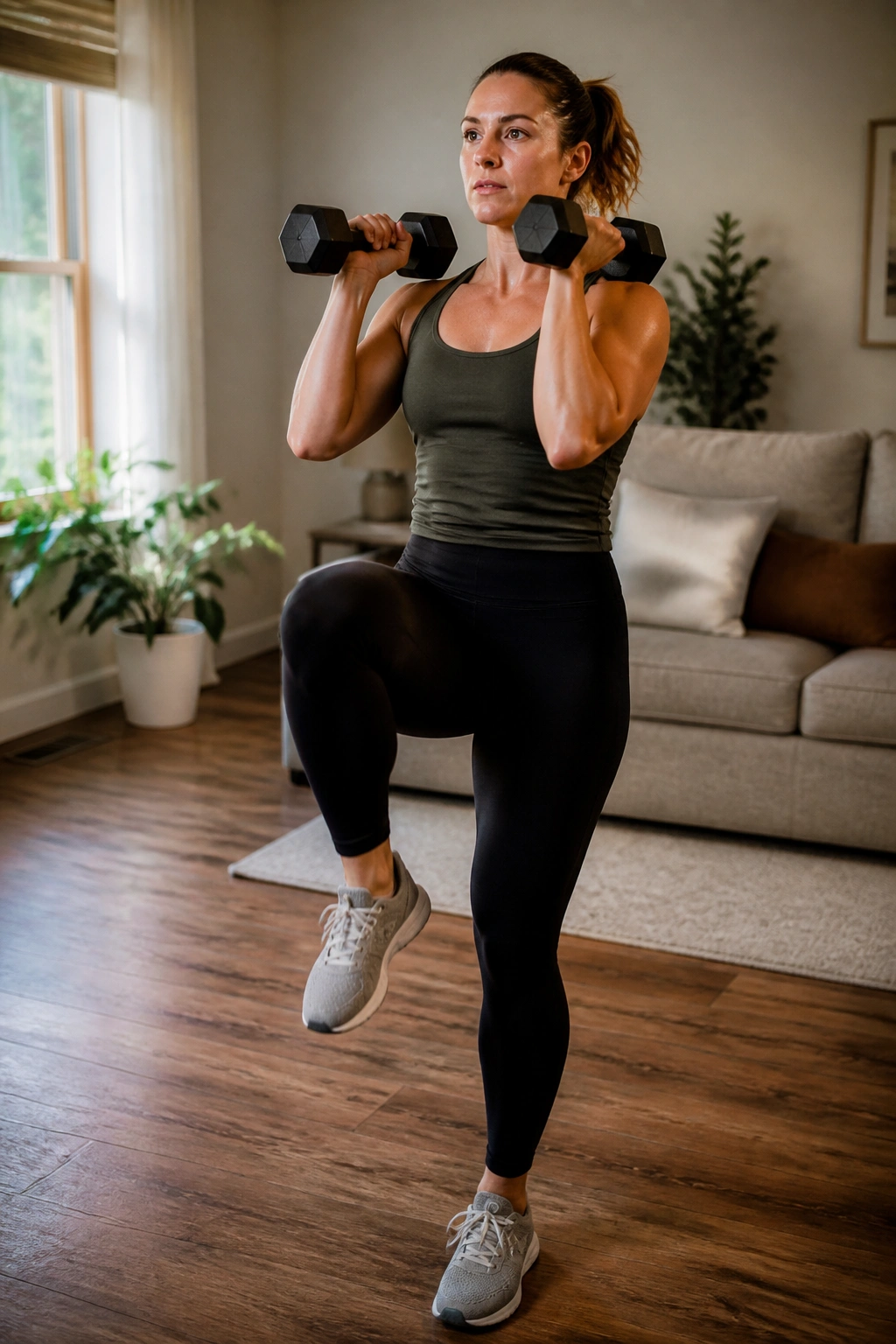 Close-up of a real person performing front-rack marches with dumbbells at shoulders in a home setting.