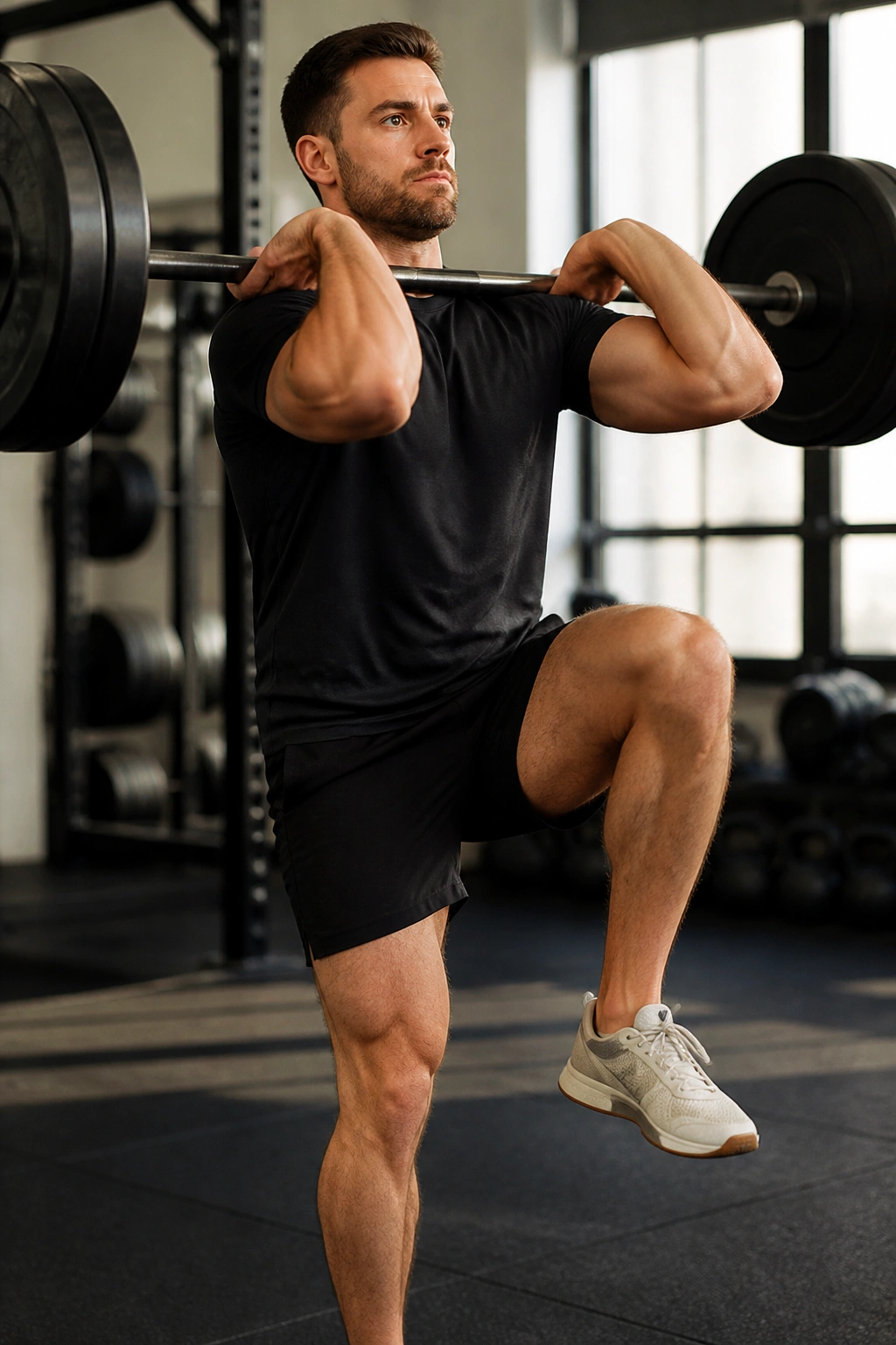 Person in front rack position marching, core braced.
