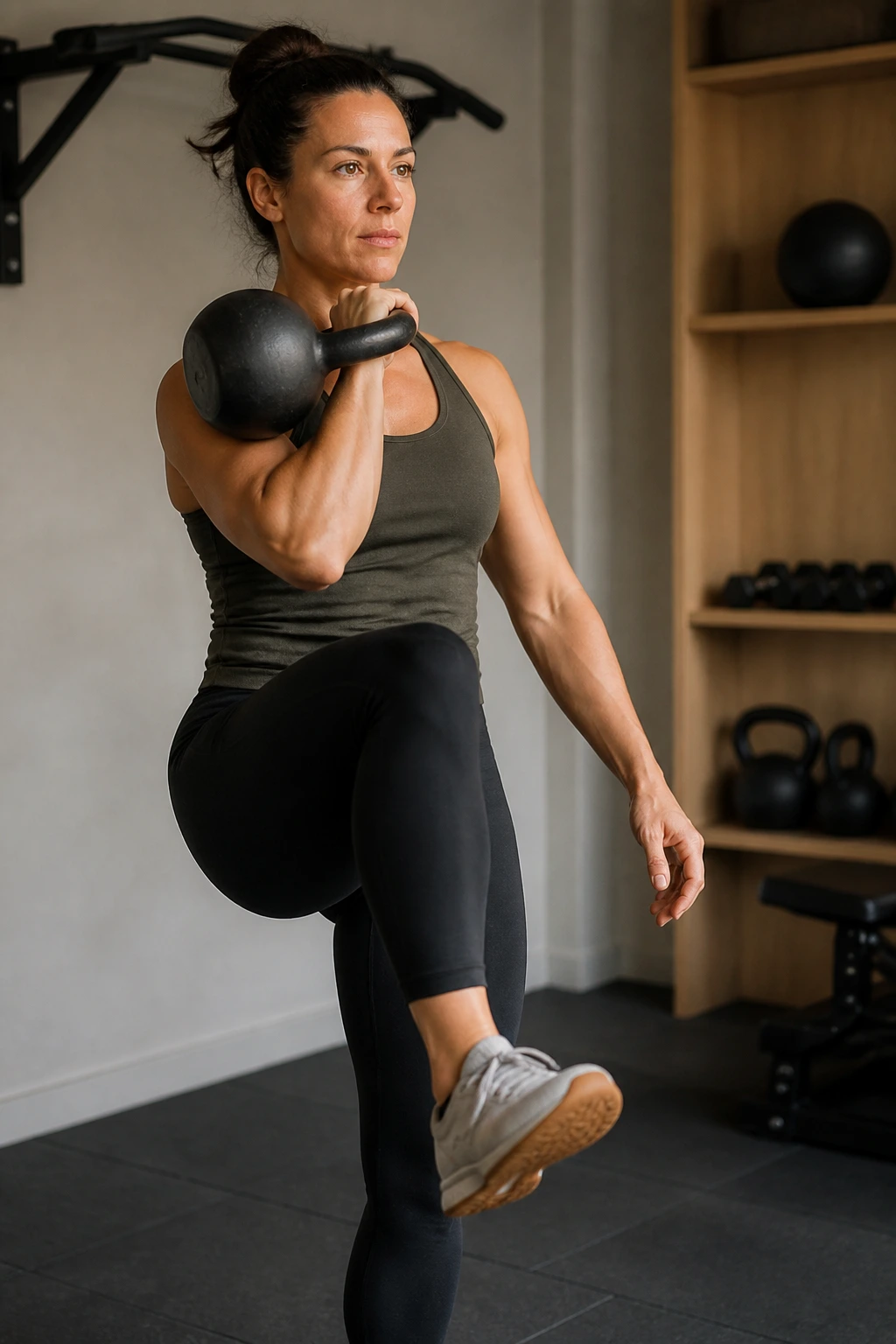 Upper-torso shot of a real person performing front rack marches with kettlebell