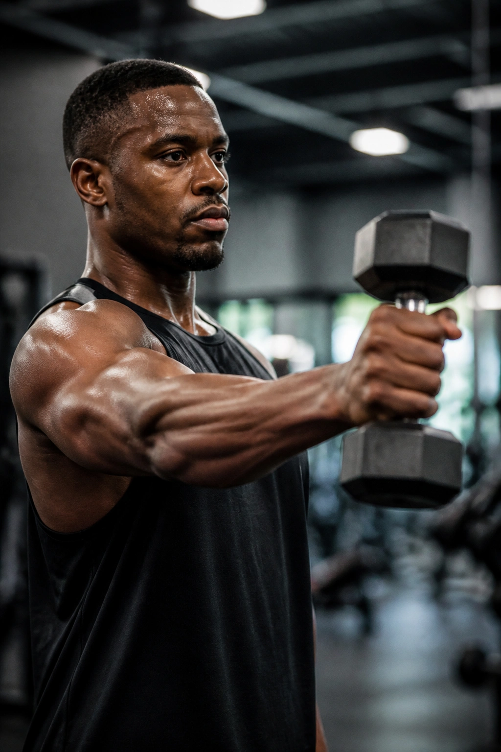 Close-up of a person performing a single-arm front raise highlighting the front delt