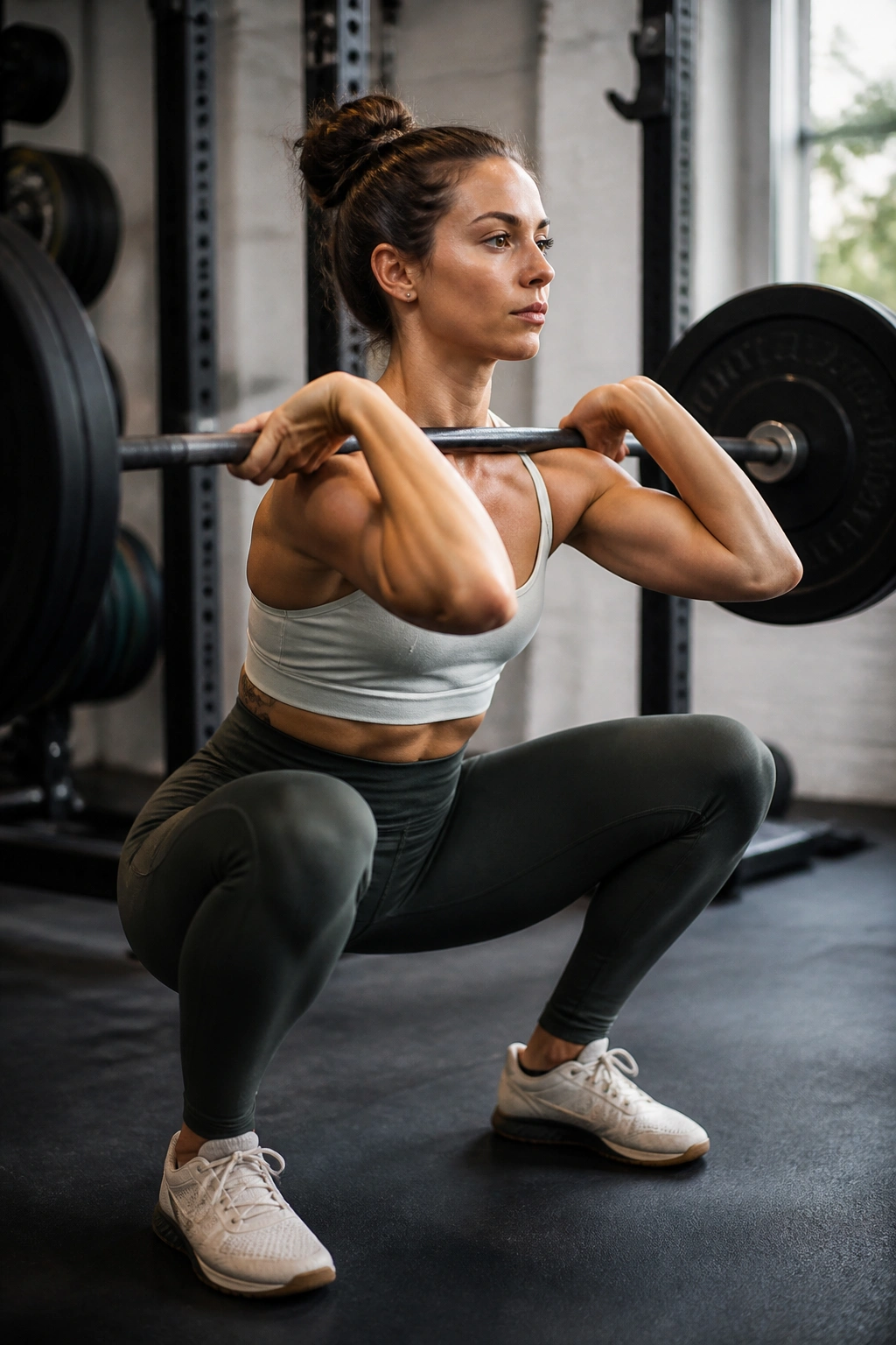 Person performing front squat with bar resting on front shoulders in gym