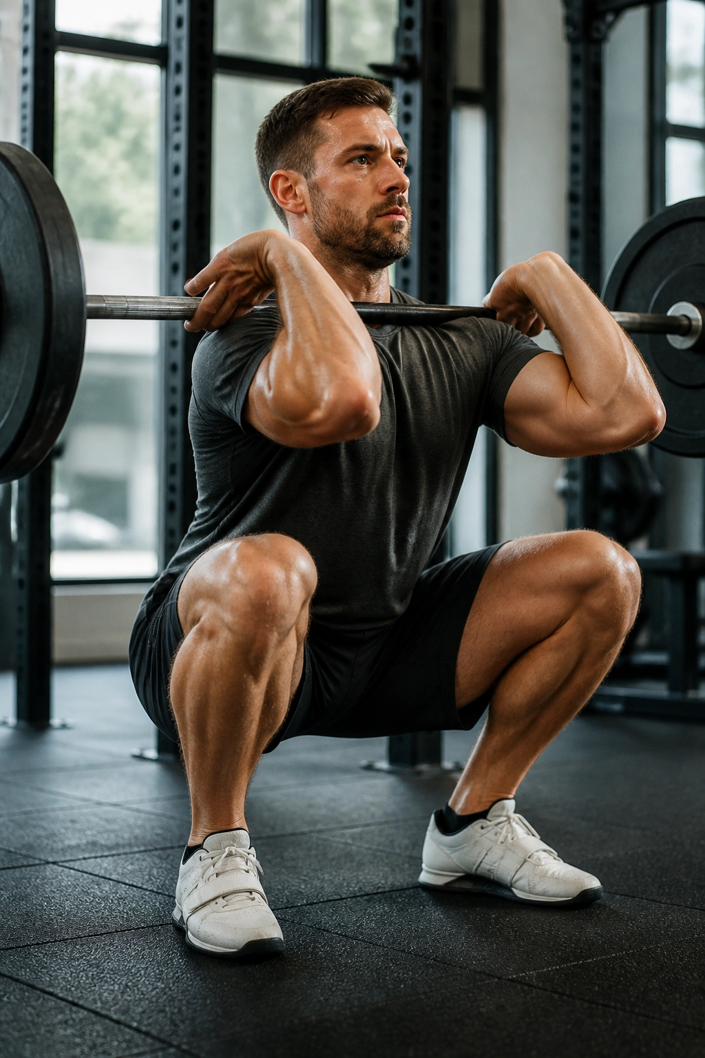 Close-up of lifter performing a front squat with barbell on front shoulders
