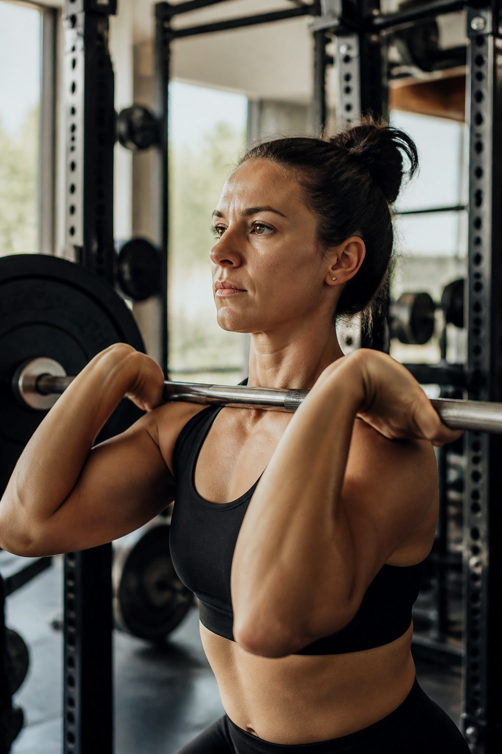 Lifter performing front squat with barbell in front rack in a gym