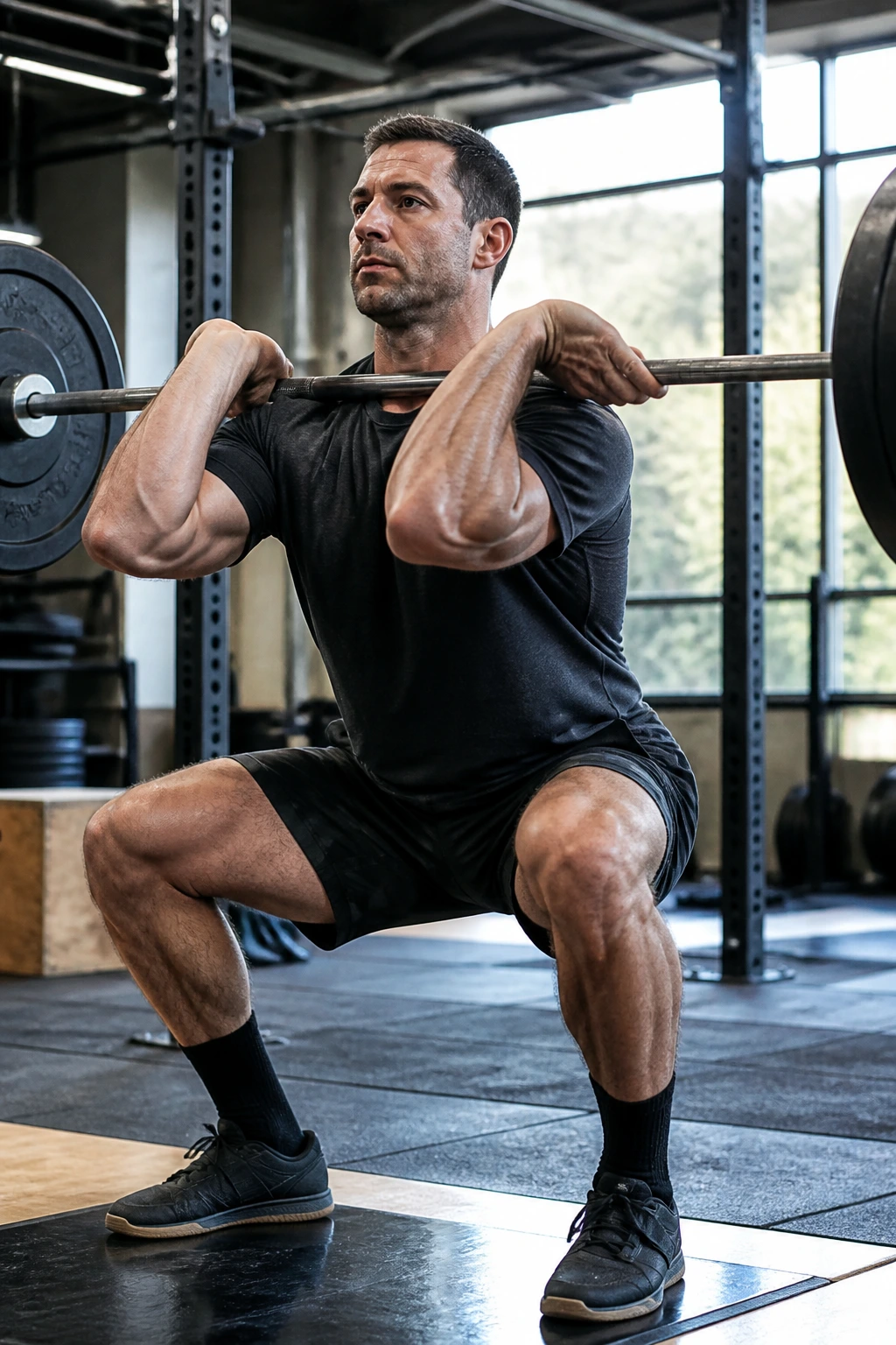 Lifter in front rack position performing a front squat in a gym