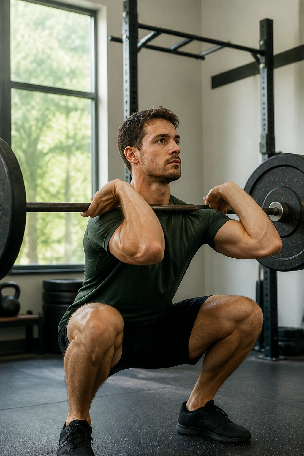 Close-up of a real person in front squat position with barbell, chin-up bar visible behind in a gym.