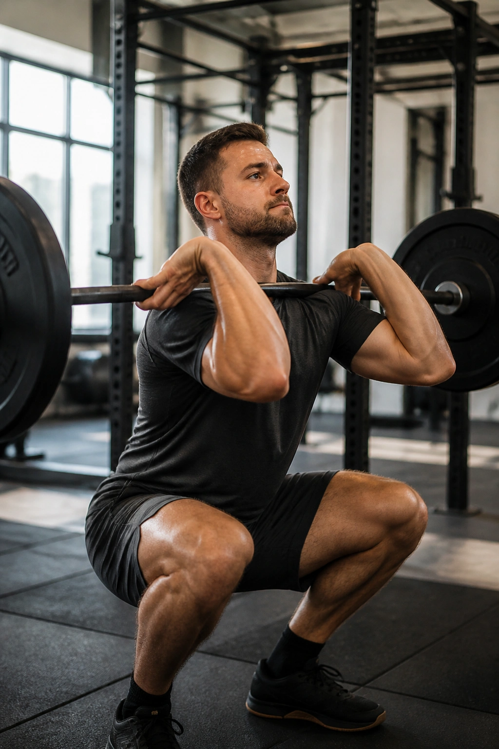 Athlete performing front squats in a gym with elbow high front rack